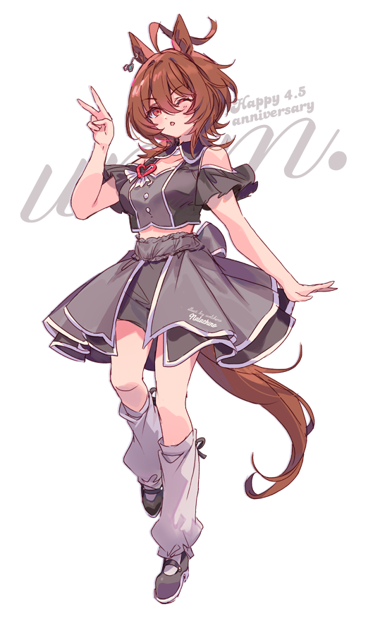 welchino, agnes tachyon (umamusume), umamusume, commentary request, 1girl, ahoge, animal ears, anniversary, black shoes, blush, breasts, clothing cutout, crop top, earrings, green skirt, grey leg warmers, grey shirt, grey shorts, hair between eyes, hand up, happy anniversary, horse ears, horse girl, horse tail, jewelry, leg warmers, looking at viewer, medium breasts, medium hair, one eye closed, open mouth, red eyes, shirt, shoes, shorts, shoulder cutout, showgirl skirt, simple background, single earring, skirt, solo, tail, vest, white background, wolf cut