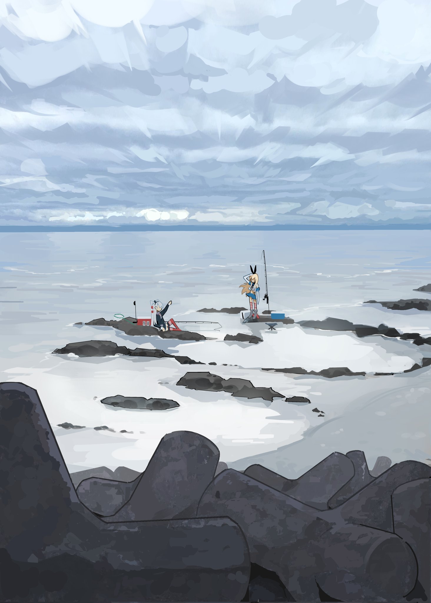 gomiba koko, amatsukaze (kancolle), shimakaze (kancolle), comiket 106, kantai collection, highres, 2girls, blonde hair, grey hair, horizon, long hair, multiple girls, ocean, overcast, scenery, sky, tetrapod, water
