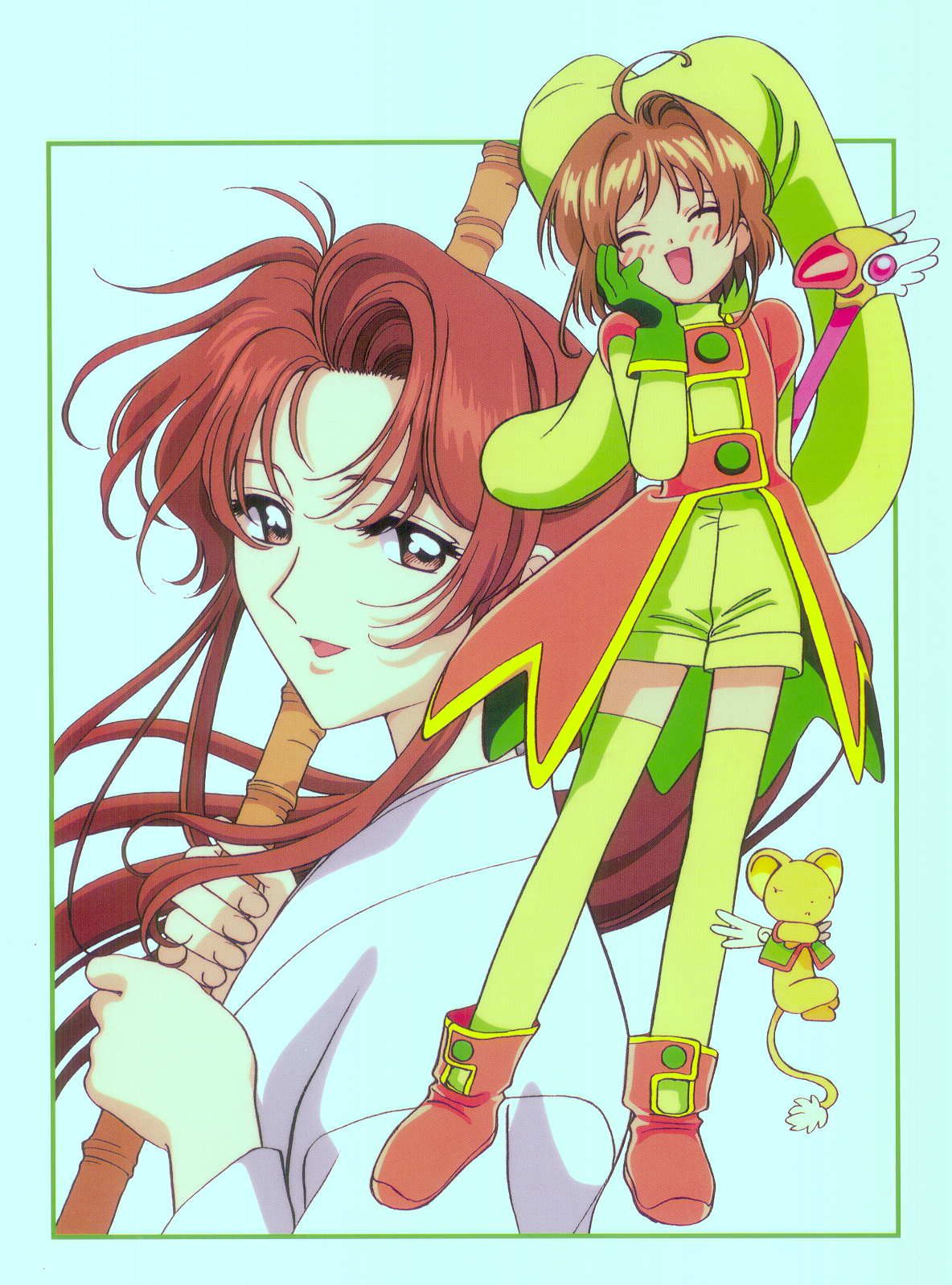 kero (cardcaptor sakura), kinomoto sakura, mizuki kaho, cardcaptor sakura, highres, tagme, 1990s (style), 2girls, brown hair, creature, fuuin no tsue, gloves, long hair, looking at viewer, multiple girls, retro artstyle, short hair, smile, wand