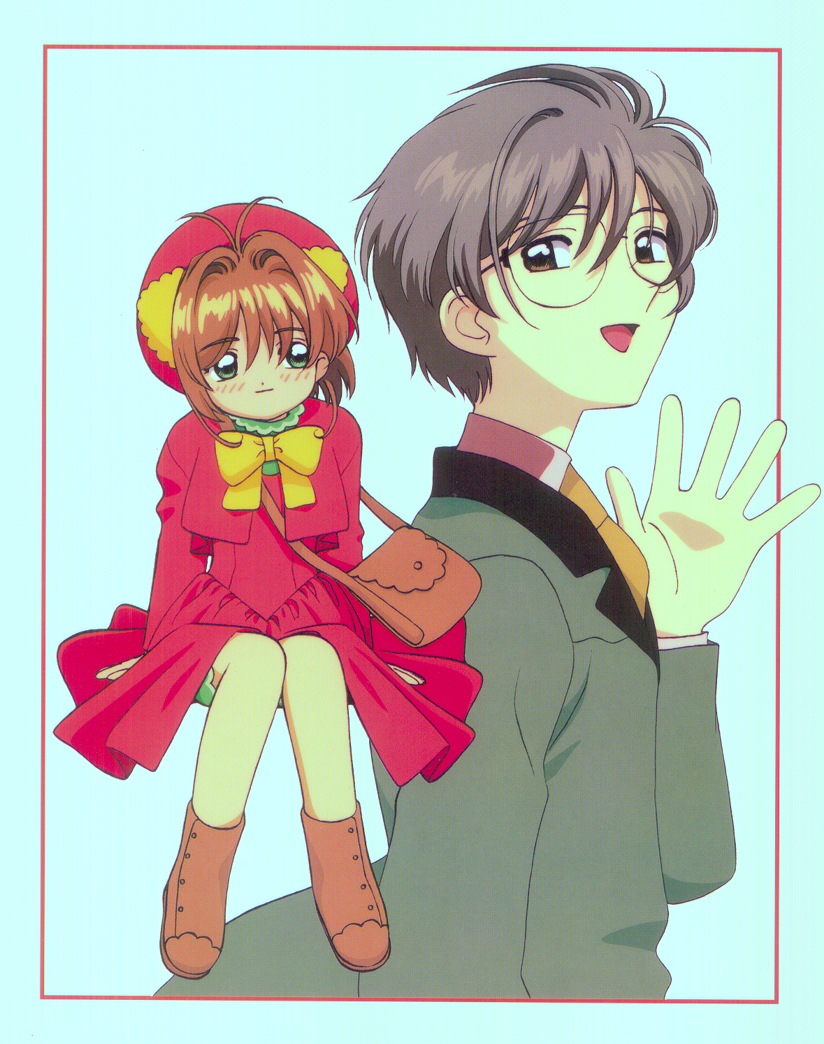 kinomoto sakura, tsukishiro yukito, cardcaptor sakura, highres, scan, tagme, 1990s (style), 1boy, 1girl, brown hair, glasses, green eyes, looking at viewer, looking back, retro artstyle, short hair, smile