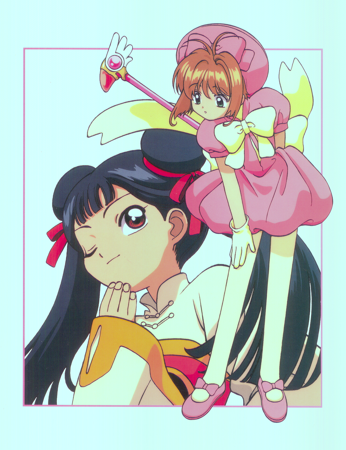 kinomoto sakura, li meiling, cardcaptor sakura, highres, tagme, 1990s (style), 2girls, brown hair, double bun, fuuin no tsue, long hair, magical girl, multiple girls, one eye closed, retro artstyle, short hair, twintails, wand, wink