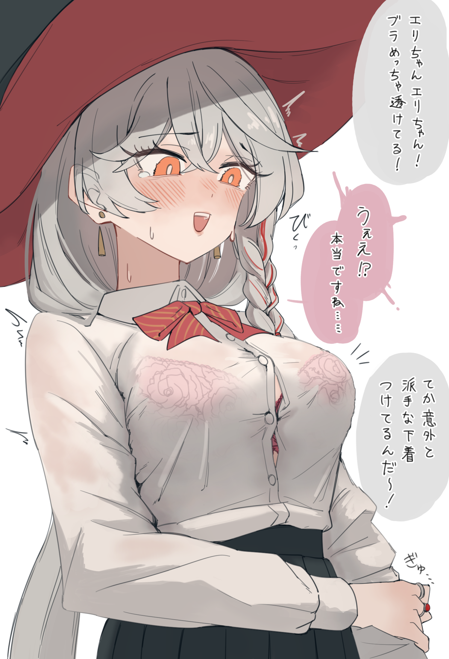 eri (blue archive), blue archive, blush, bow, bowtie, bra, braid, earrings, halo, hat, jewelry, long hair, orange eyes, pink bra, ring, see-through clothes, shirt, skirt, sweat, sweater, tears, underwear, white hair, witch hat