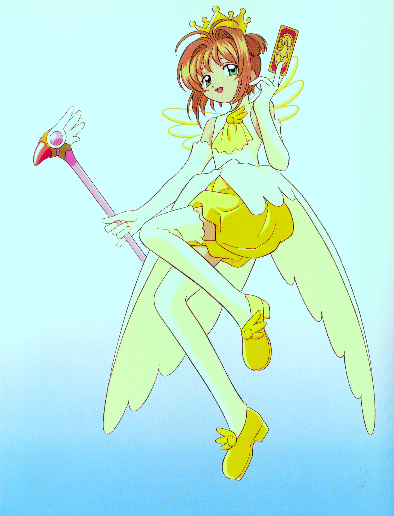 clow card, kinomoto sakura, cardcaptor sakura, highres, 1990s (style), 1girl, brown hair, card, crown, fuuin no tsue, gradient background, green eyes, looking at viewer, retro artstyle, short hair, simple background, smile, wand