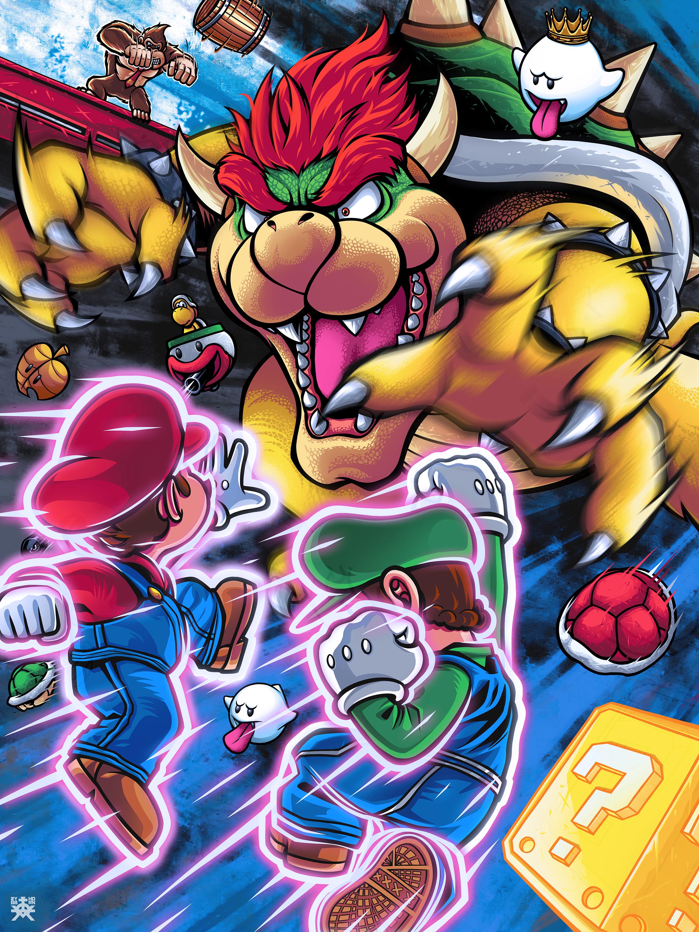 boo (mario), bowser, bullet bill, donkey kong, king boo, koopa clown car, luigi, mario, mario (series), nintendo, super mario bros. 1, the super mario bros. movie, 5boys, ? block, barrel, brothers, brown hair, claws, facial hair, ghost, gloves, green shell (mario), hat, horns, jumping, looking at another, male focus, multiple boys, mustache, red hair, red shell (mario), siblings, spiked shell