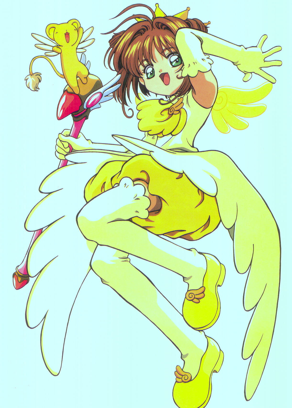 kero (cardcaptor sakura), kinomoto sakura, cardcaptor sakura, highres, tagme, 1990s (style), 1girl, brown hair, creature, crown, fuuin no tsue, green eyes, looking at viewer, retro artstyle, short hair, simple background, smile, wand, white background