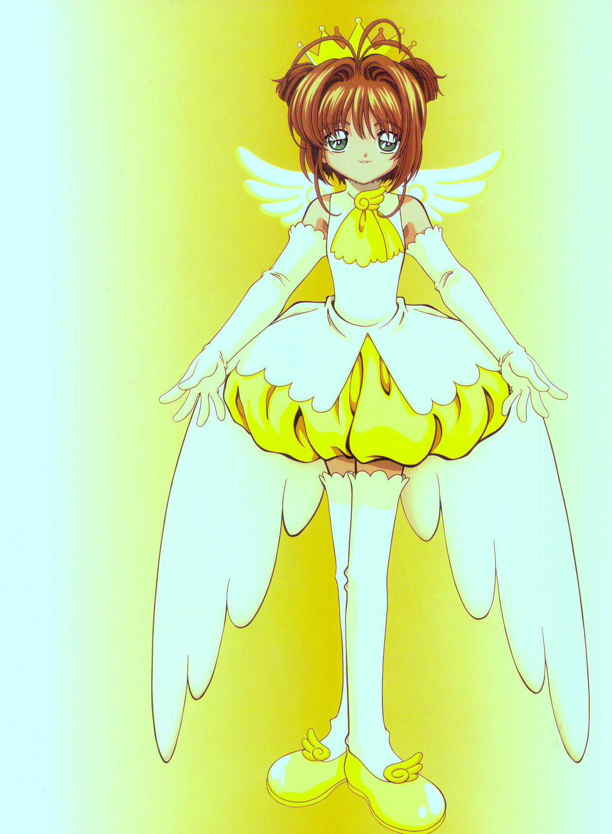 kinomoto sakura, cardcaptor sakura, highres, 1990s (style), 1girl, brown hair, crown, gradient background, green eyes, looking at viewer, retro artstyle, short hair, simple background, smile, wings