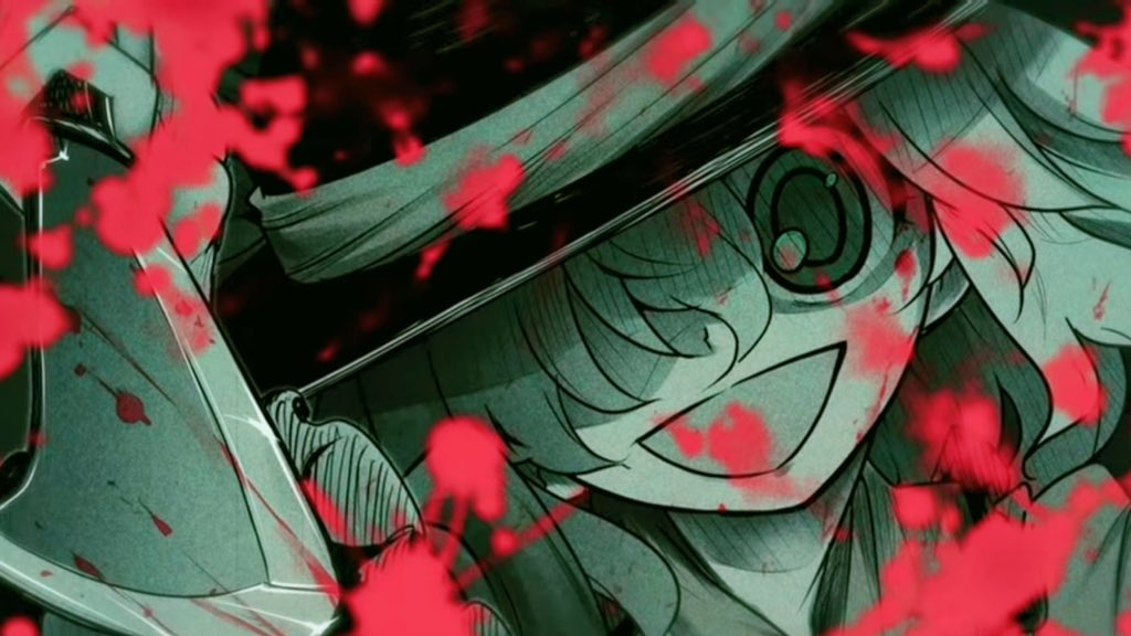 komeiji koishi, touhou, :d, blood, blood on face, blood splatter, bloody knife, crazy eyes, crazy smile, hair over one eye, hat, hat ribbon, holding, holding knife, knife, long sleeves, looking at viewer, monochrome, muisiki rekuiemu, open mouth, ribbon, smile, upper body, yandere