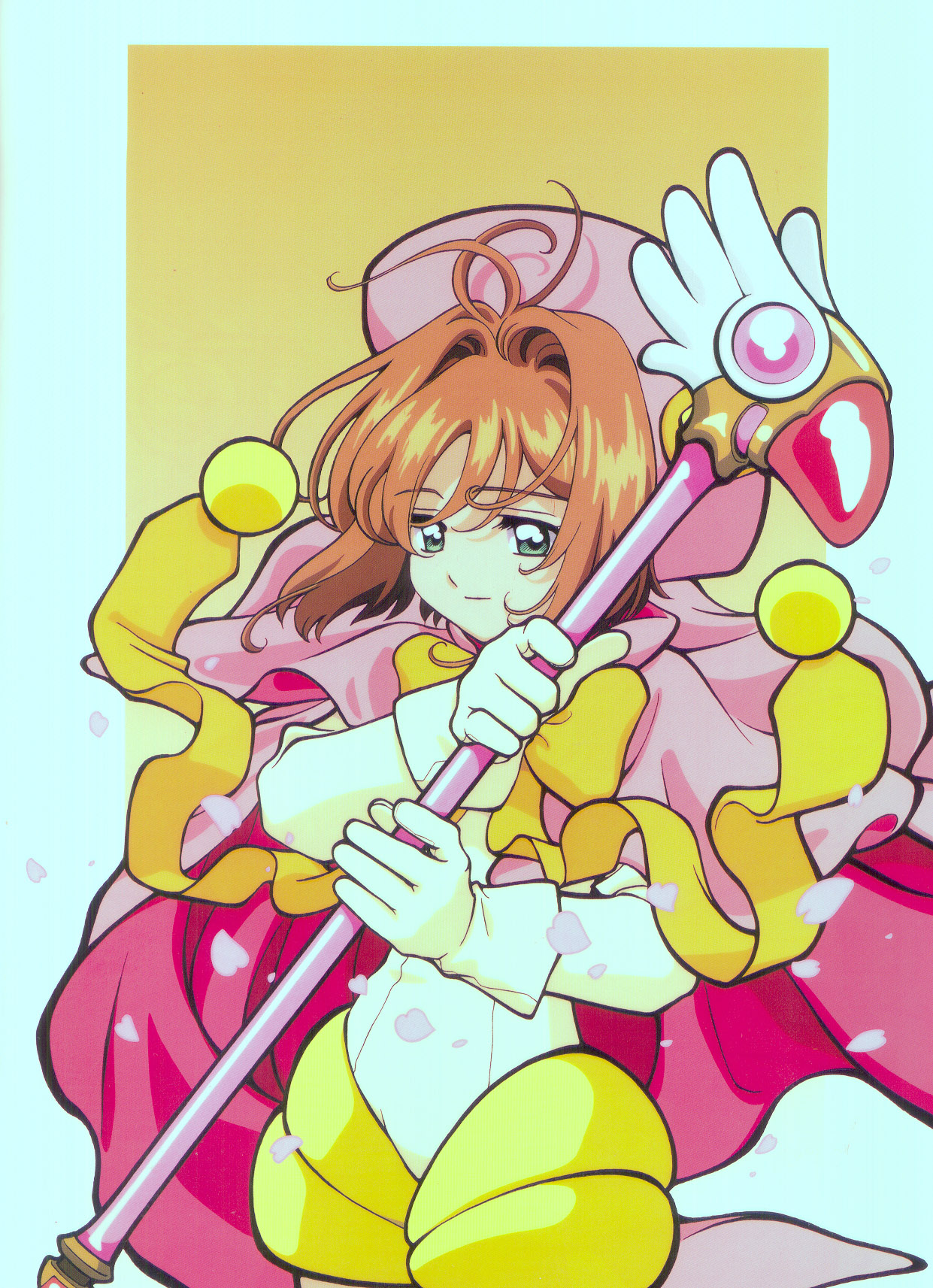 kinomoto sakura, cardcaptor sakura, highres, tagme, 1990s (style), 1girl, brown hair, fuuin no tsue, green eyes, retro artstyle, short hair, simple background, smile, wand