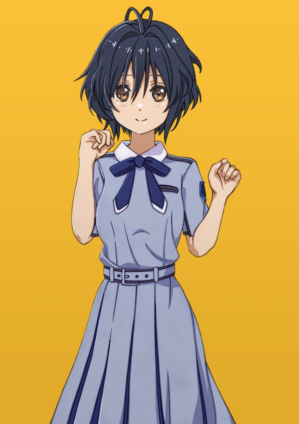 li@ (rikku04), takigawa miu, 22/7, 1girl, belt, belt buckle, black hair, blue belt, blue bow, blue bowtie, blue dress, boku wa sonzai shiteinakatta, bow, bowtie, brown eyes, buckle, closed mouth, collared dress, dress, emblem, feet out of frame, hair between eyes, hands up, long dress, looking at viewer, pleated dress, short hair, short sleeves, simple background, smile, solo, standing, straight-on, yellow background