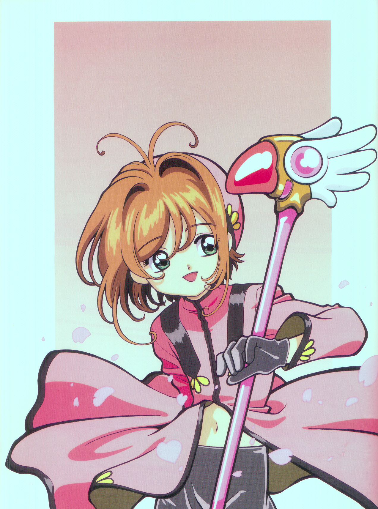 kinomoto sakura, cardcaptor sakura, highres, tagme, 1990s (style), 1girl, brown hair, fuuin no tsue, green eyes, looking at viewer, retro artstyle, short hair, smile, wand