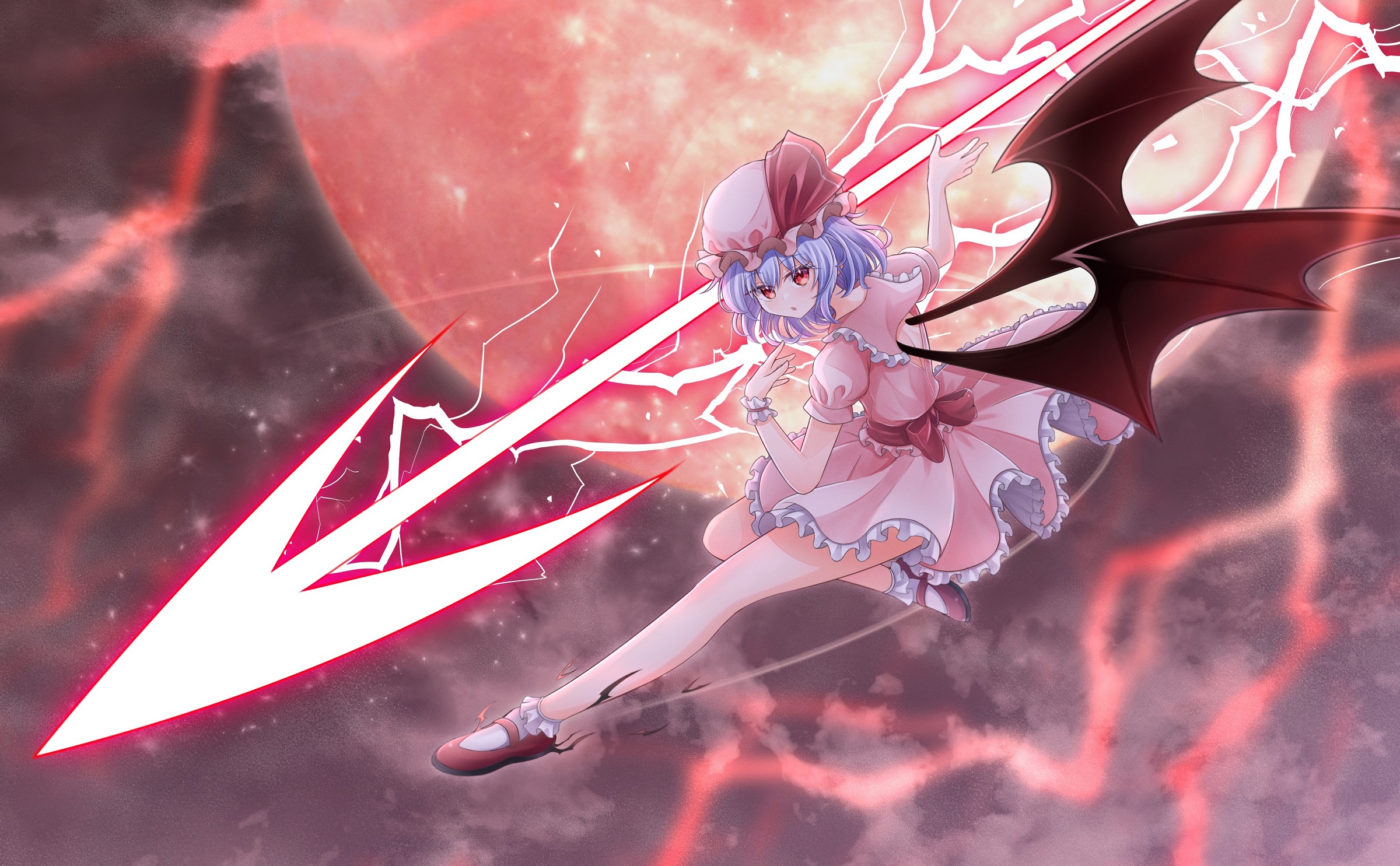 minto yupo, remilia scarlet, touhou, commentary request, highres, textless version, 1girl, bat wings, collared shirt, full moon, hat, hat ribbon, incoming attack, looking at viewer, mary janes, mob cap, moon, pink hat, pink shirt, pink skirt, purple hair, red eyes, red moon, red ribbon, red shoes, ribbon, shirt, shoes, single wrist cuff, skirt, socks, solo, spear the gungnir, white socks, wings, wrist cuffs