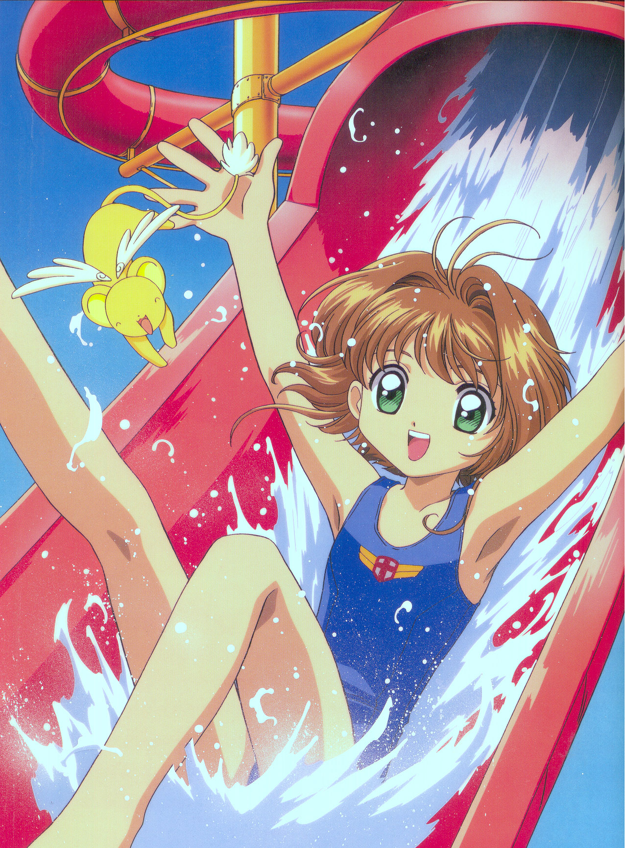 kero (cardcaptor sakura), kinomoto sakura, cardcaptor sakura, highres, official art, scan, 1990s (style), 1girl, brown hair, child, creature, green eyes, looking at viewer, retro artstyle, short hair, smile, swimsuit, water slide