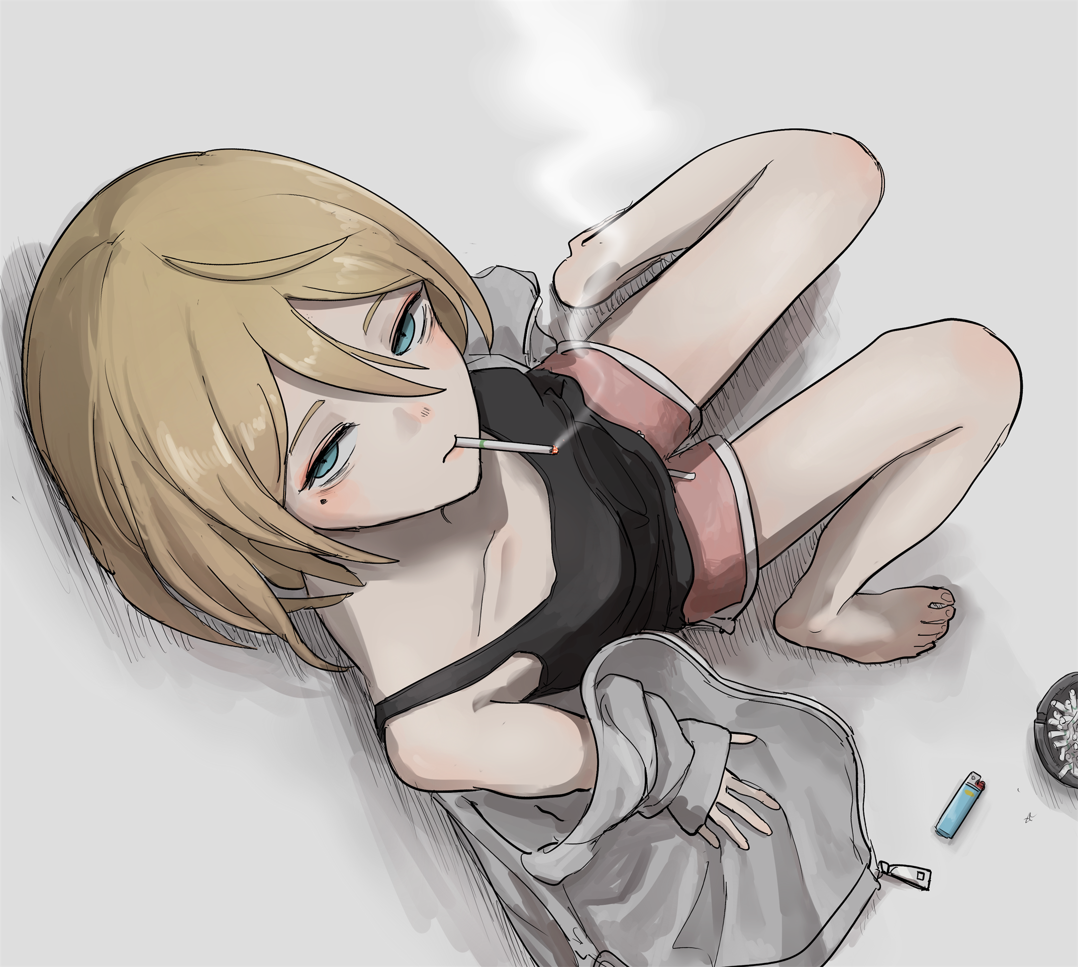 tabao, original, highres, 1girl, aki (tabao), ashtray, barefoot, blonde hair, blue eyes, from above, lighter, mole, mole under eye, shirt slip, short hair, short shorts, shorts, simple background, sitting, smoking, solo, tank top