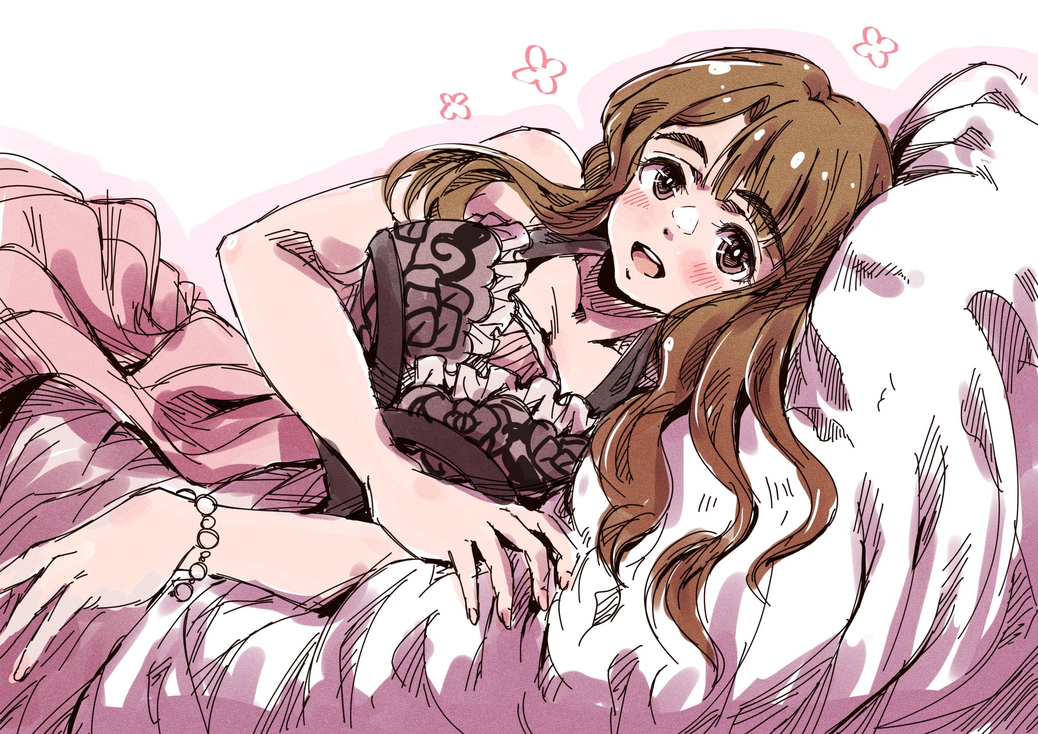 tamiya souichirou, miyao miya, idolmaster, idolmaster million live!, idolmaster million live! theater days, highres, 1girl, asymmetrical bangs, bead bracelet, beads, bloomers, blunt bangs, bracelet, brown eyes, brown hair, eyelashes, floral print, flower, frilled bloomers, frilled negligee, jewelry, layered nightgown, light blush, lingerie, looking at viewer, lying, negligee, on side, open mouth, parted bangs, pink bloomers, pink negligee, rose print, sexy beautiful (idolmaster), sketch, smile, solo, teeth, thick eyebrows, underwear, upper teeth only, wavy hair