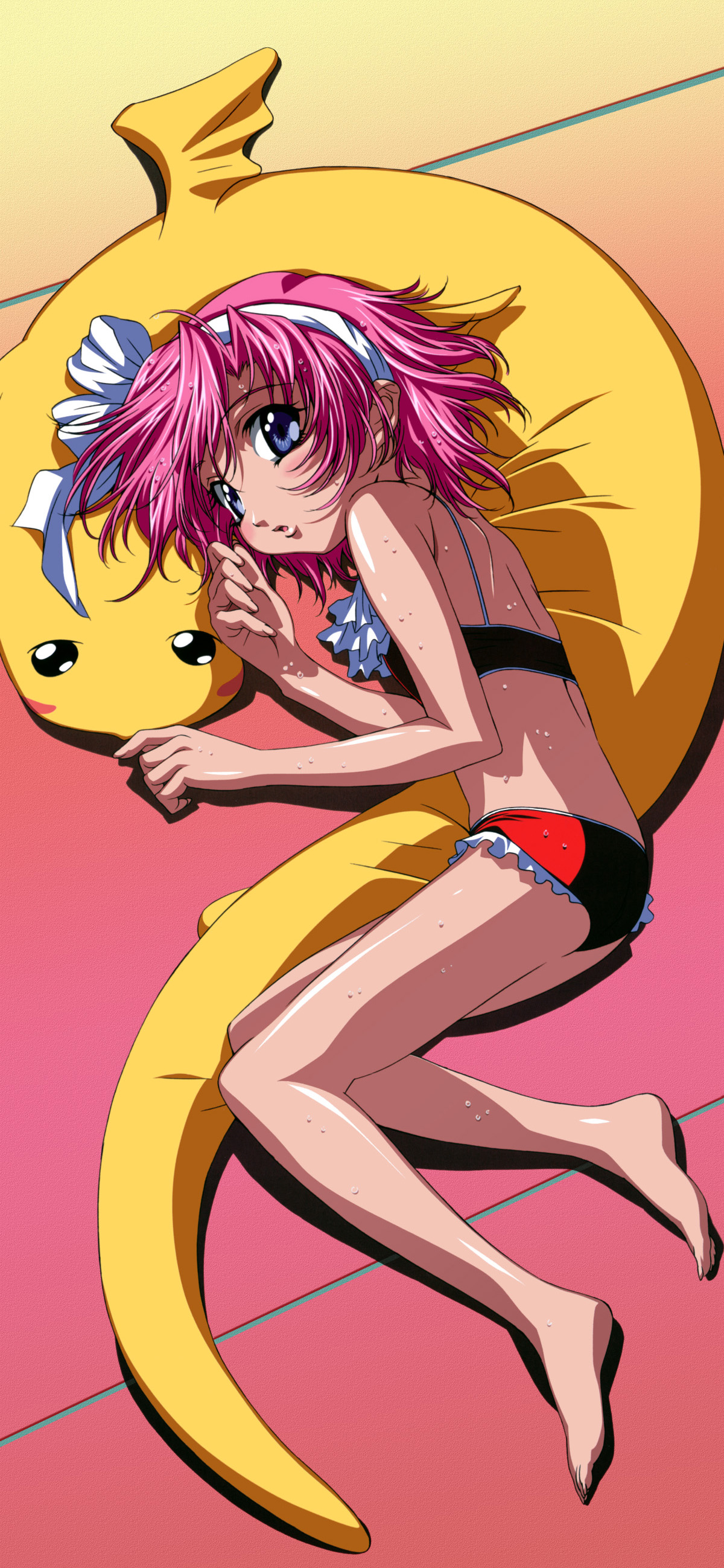 gotou keiji, viola (kiddy grade), kiddy grade, absurdres, highres, 00s, back, barefoot, bikini, blue eyes, blush, child, dragon, feet, flat chest, frilled bikini, frills, from above, hairband, looking up, lying, on side, open mouth, pink hair, short hair, swimsuit, tankini, wet