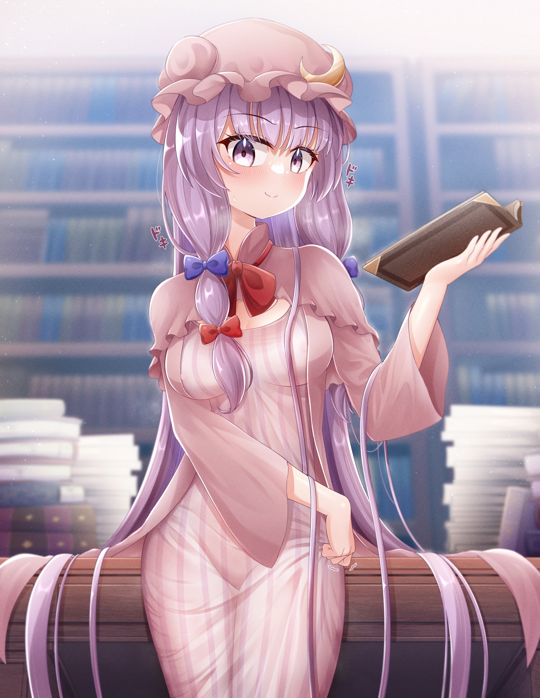 minto yupo, patchouli knowledge, touhou, absurdres, highres, translation request, 1girl, blue bow, blush, book, book stack, bookshelf, bow, breasts, breath, capelet, cleavage, closed mouth, covered erect nipples, crescent, crescent hat ornament, dress, hair bow, hat, hat ornament, long hair, long sleeves, mob cap, motion lines, purple eyes, purple hair, red bow, shaking, sitting, solo, striped clothes, striped dress, vertical-striped clothes, vertical-striped dress, very long hair, wide sleeves
