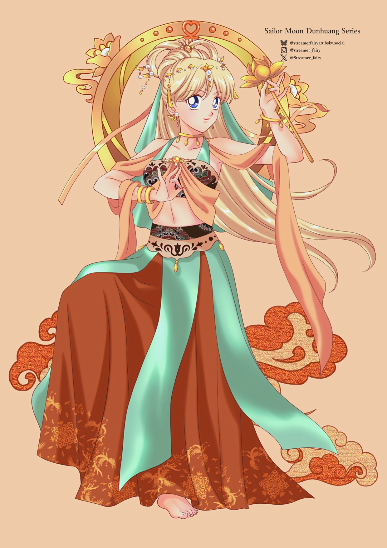 koya, aino minako, sailor venus, bishoujo senshi sailor moon, highres, barefoot, blonde hair, bracelet, choker, collarbone, crop top, flower, gold flower, hair ribbon, jewelry, long hair, long skirt, midriff, orange skirt, ribbon, skirt, venus symbol