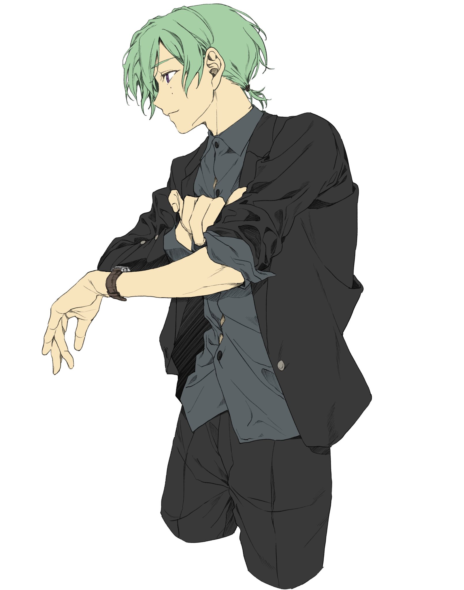setubigo, kazehaya tatsumi, ensemble stars!, commentary request, highres, partial commentary, 1boy, adjusting sleeves, black jacket, black pants, buttons, closed mouth, collared shirt, cowboy shot, fingernails, green hair, jacket, long sleeves, male focus, mole, mole under eye, open clothes, open jacket, pants, ponytail, purple eyes, shirt, simple background, sleeves rolled up, solo, watch, white background, wristwatch
