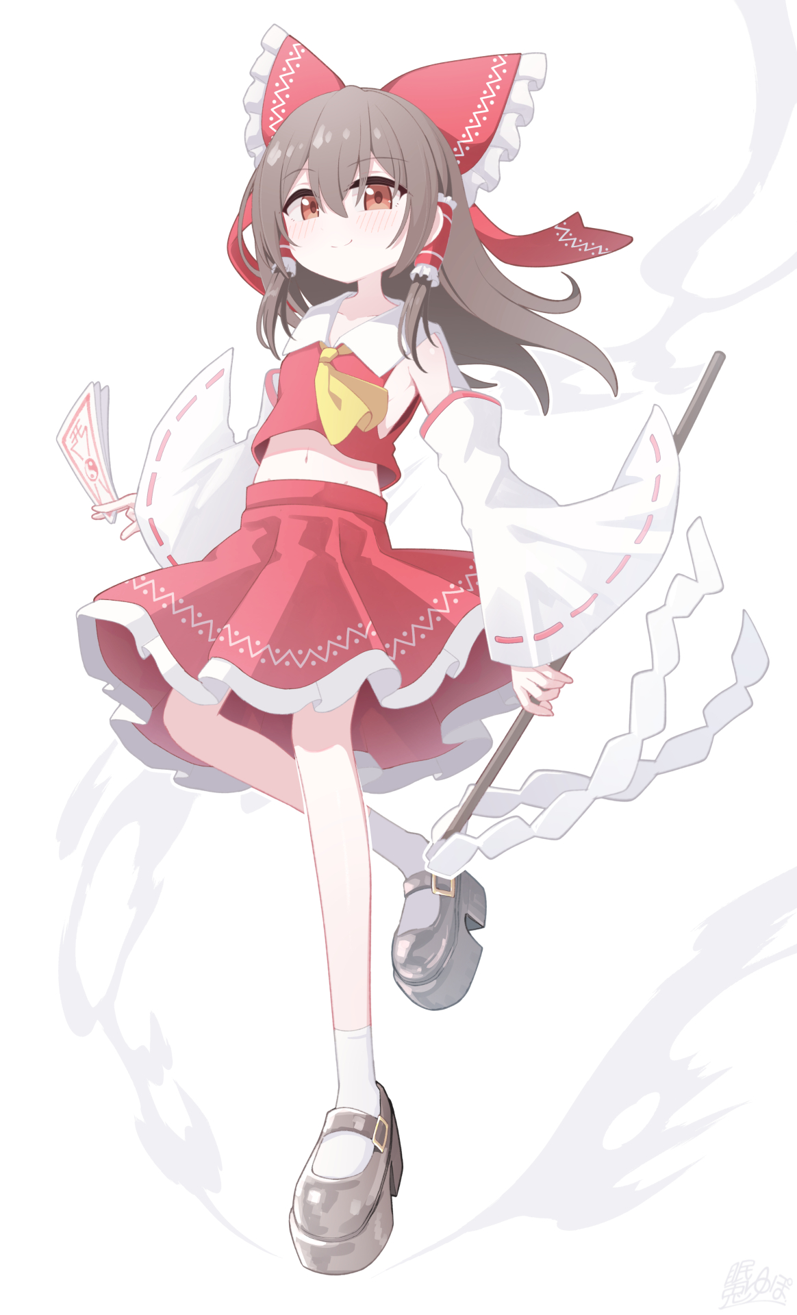 minto yupo, hakurei reimu, touhou, commentary request, highres, 1girl, ascot, between fingers, bow, brown hair, brown shoes, closed mouth, detached sleeves, frilled bow, frilled hair tubes, frills, full body, hair bow, hair tubes, holding, long hair, looking at viewer, mary janes, midriff, navel, ofuda, ofuda between fingers, orange eyes, red bow, red skirt, ribbon-trimmed sleeves, ribbon trim, shoes, simple background, skirt, skirt set, smile, socks, solo, white background, white socks, yellow ascot