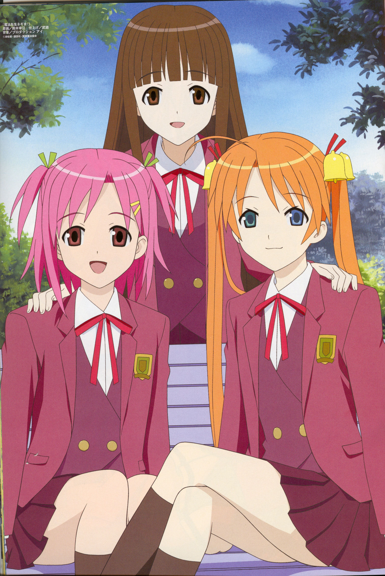 kagurazaka asuna, konoe konoka, sasaki makie, mahou sensei negima!, highres, 00s, 3girls, bell, bench, blue eyes, blue sky, brown eyes, brown hair, cloud, crossed legs, day, green eyes, hair ornament, hair ribbon, hair up, hand on another's shoulder, happy, heterochromia, hime cut, jacket, knees, long hair, looking at viewer, matching hair/eyes, multiple girls, open mouth, orange hair, outdoors, park bench, pink hair, pleated skirt, red eyes, ribbon, school uniform, short hair, sitting, skirt, sky, smile, standing, thighhighs, tongue, tree, twintails