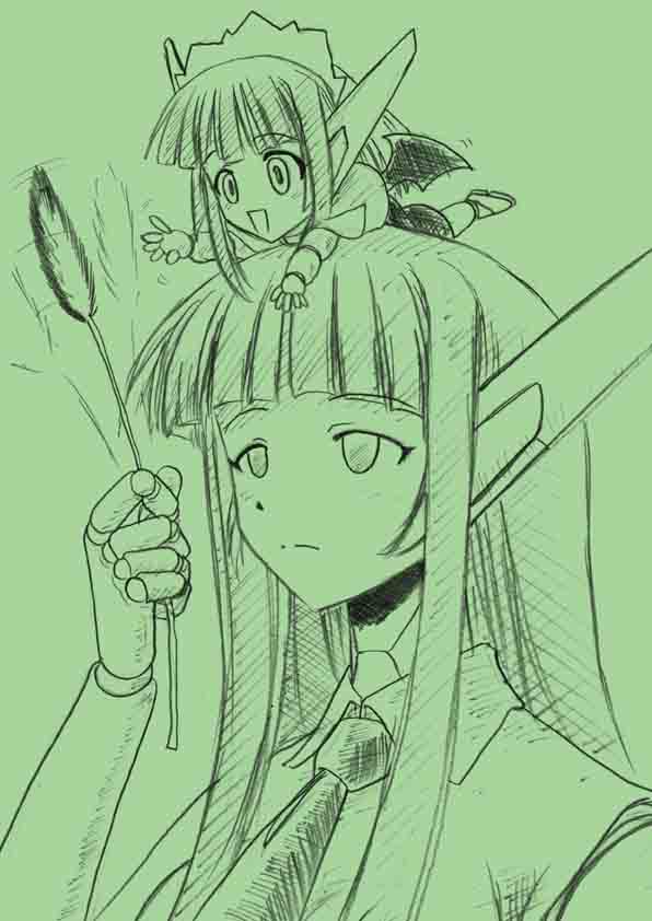chachazero, karakuri chachamaru, mahou sensei negima!, 00s, 2girls, expressionless, long hair, monochrome, multiple girls, necktie, robot, school uniform, sketch, smile, wings