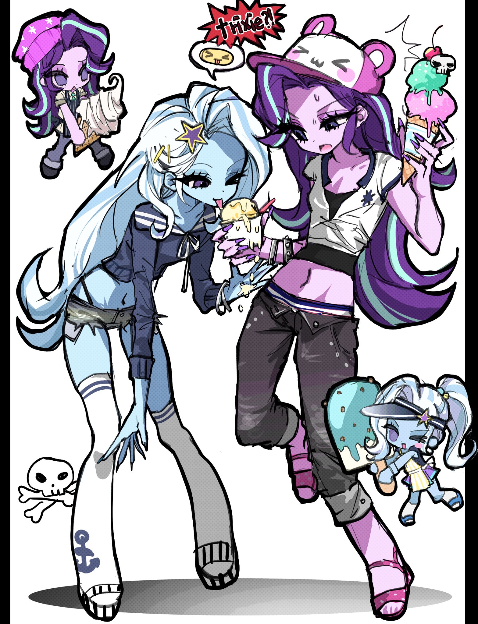 starlight glimmer, starlight glimmer (equestria girls), trixie lulamoon, trixie lulamoon (equestria girls), my little pony, my little pony: equestria girls, my little pony: friendship is magic, commentary, highres, > o, 2girls, :o, ;d, bear hat, black nails, black panties, black shirt, black shoes, blue eyes, blue hair, blue skin, bracelet, breasts, cherry, chibi, chibi inset, cleavage, collarbone, colored skin, curtained hair, denim, denim shorts, double horizontal stripe, english text, exposed pocket, fingernails, food, food on hand, fruit, full body, grey pants, hair ornament, halftone, hat, holding, holding food, holding ice cream cone, holding popsicle, ice cream, ice cream cone, jacket, jeans, jewelry, leaning forward, legs apart, licking, long hair, long sleeves, looking at another, looking at food, melting ice cream, midriff, mint chocolate, multicolored hair, multicolored shoes, multiple girls, navel, neck ribbon, one eye closed, open-toe shoes, open mouth, outside border, panties, pants, panty peek, pillarboxed, pink hat, pink shoes, popsicle, purple eyes, purple hair, purple skin, ribbon, shadow, sharp fingernails, shirt, shoes, short-sleeved jacket, short shorts, short sleeves, shorts, silver bracelet, simple background, skindentation, skull, small breasts, smile, speech bubble, spoken emoji, standing, standing on one leg, star (symbol), star hair ornament, streaked hair, striped clothes, striped panties, tgyten, thighhighs, toes, tongue, tongue out, two-tone hair, two-tone hat, two-tone headwear, two-tone shoes, underwear, uneven eyes, very long hair, white background, white hair, white hat, white jacket, white ribbon, white shoes, white thighhighs