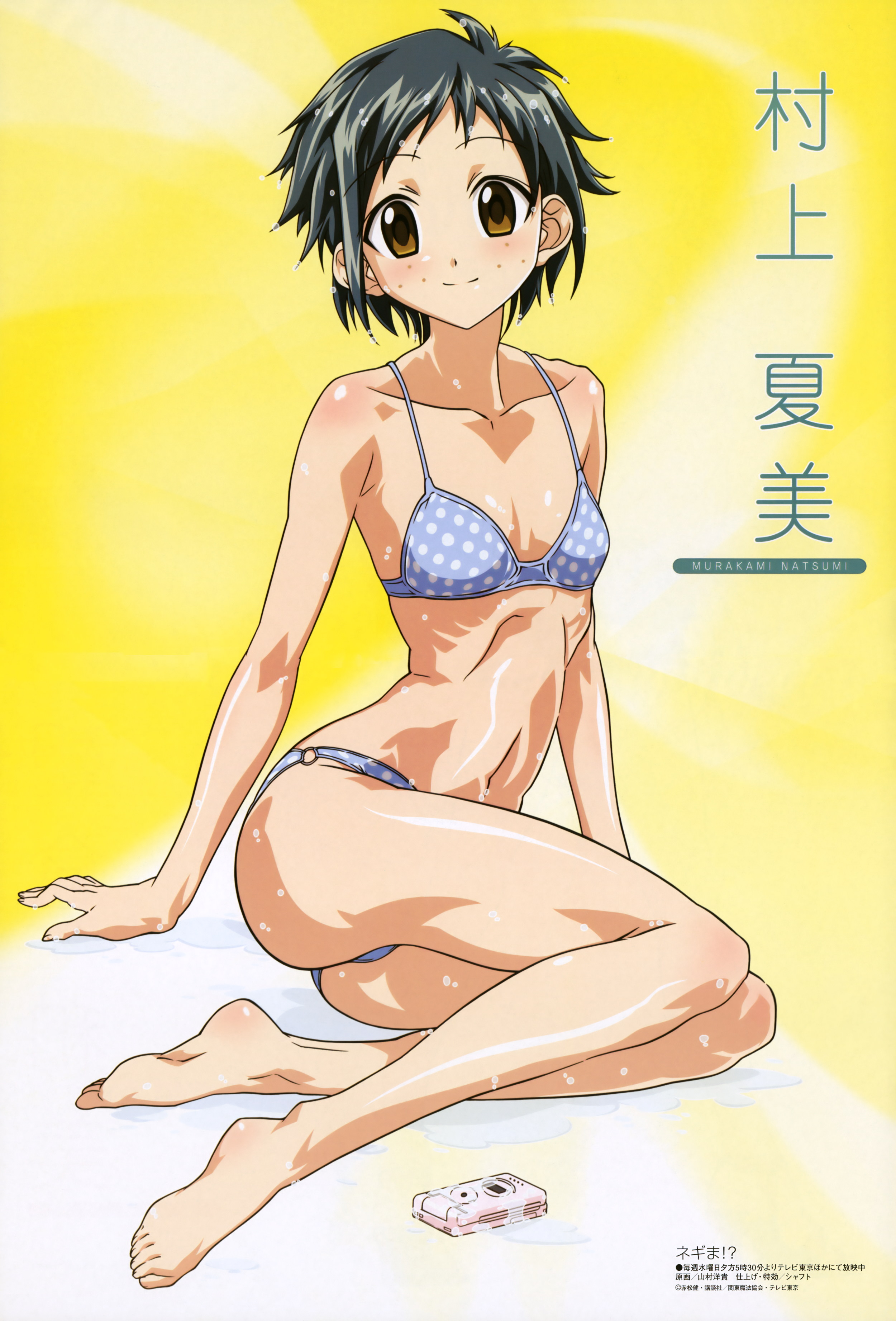ookaji hiroyuki, yamamura hiroki, murakami natsumi (negima), mahou sensei negima!, megami magazine, absurdres, highres, scan, 00s, 1girl, aqua hair, arm support, ass, barefoot, bikini, brown eyes, cellphone, feet, female focus, flat chest, freckles, full body, green hair, phone, polka dot, polka dot bikini, polka dot swimsuit, ribs, short hair, sitting, smile, soles, solo, swimsuit, wet