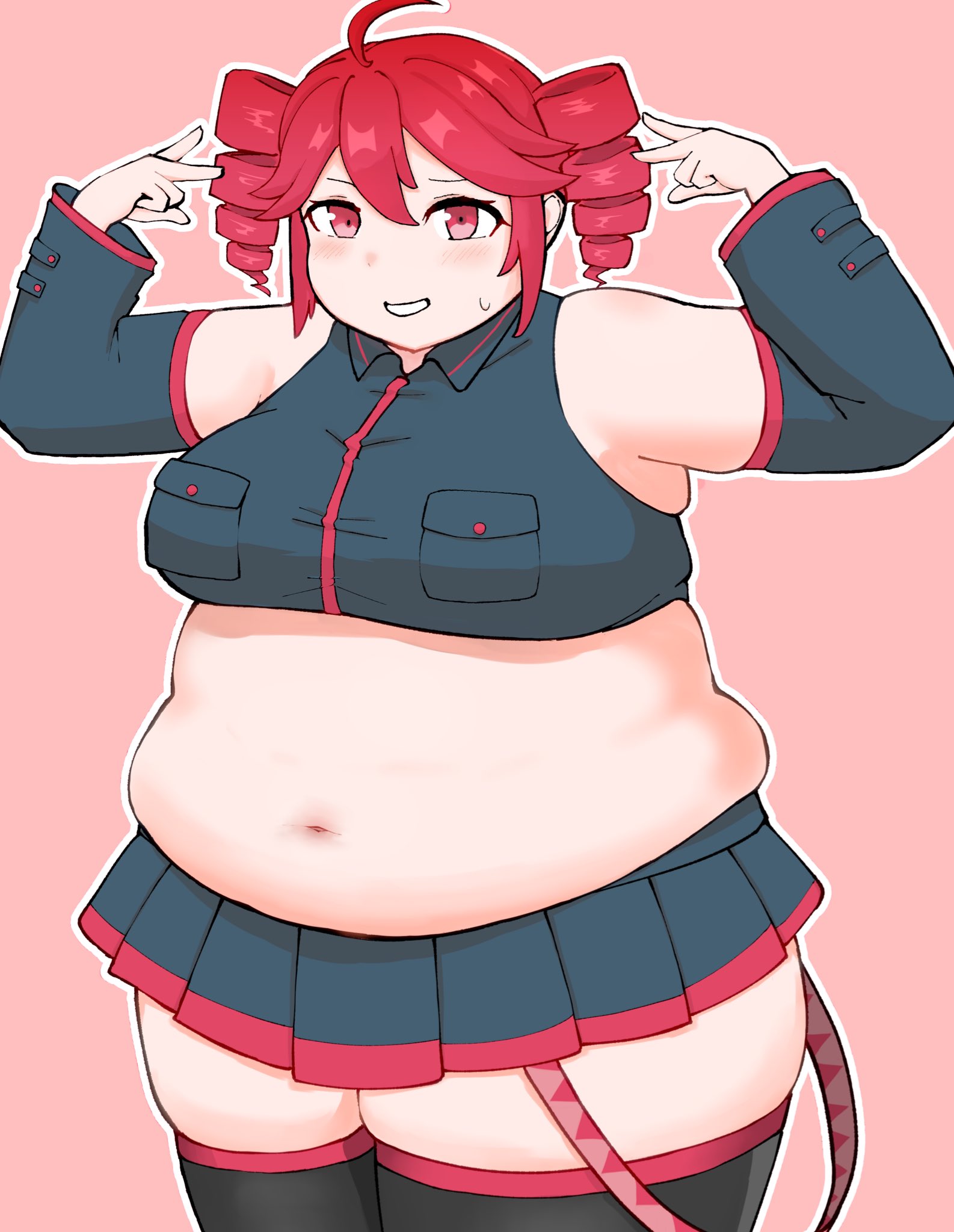 orya, kasane teto, utau, vocaloid, 1girl, ahoge, belly, black shirt, black skirt, black sleeves, black thighhighs, crop top, detached sleeves, double v, drill hair, fat, fat woman, hair tubes, miniskirt, muffin top, navel, pink background, plump, red eyes, red hair, shirt, short hair, skirt, sleeveless, sleeveless shirt, smile, solo, standing, sweat, thick thighs, thighhighs, thighs, twin drills, v