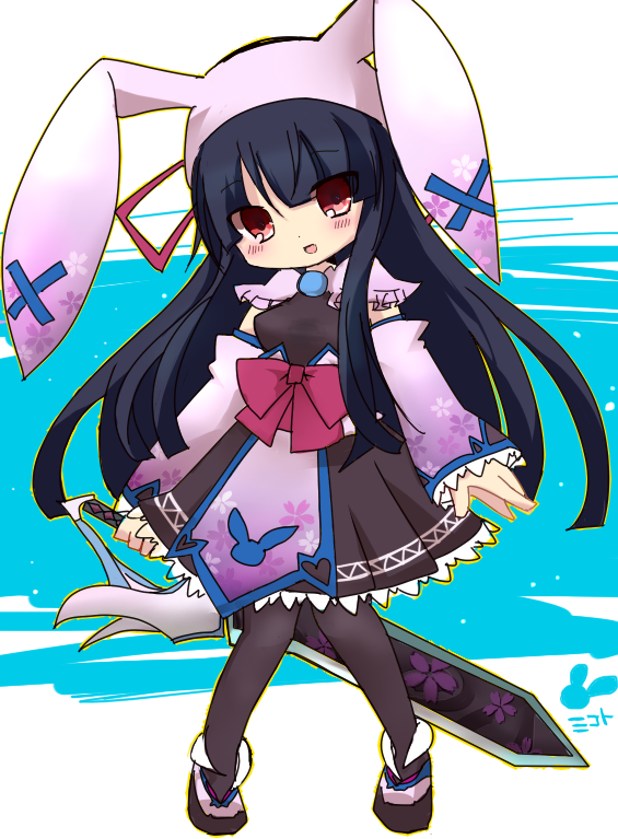 mitama mikoto, emil chronicle online, 1girl, black dress, black hair, brown pantyhose, capelet, character name, chibi, detached sleeves, dress, frilled dress, frills, hair ribbon, holding, holding sword, holding weapon, mmi, open mouth, pantyhose, pink capelet, pink sleeves, rabbit ear headwear, red eyes, red ribbon, ribbon, solo, sword, weapon