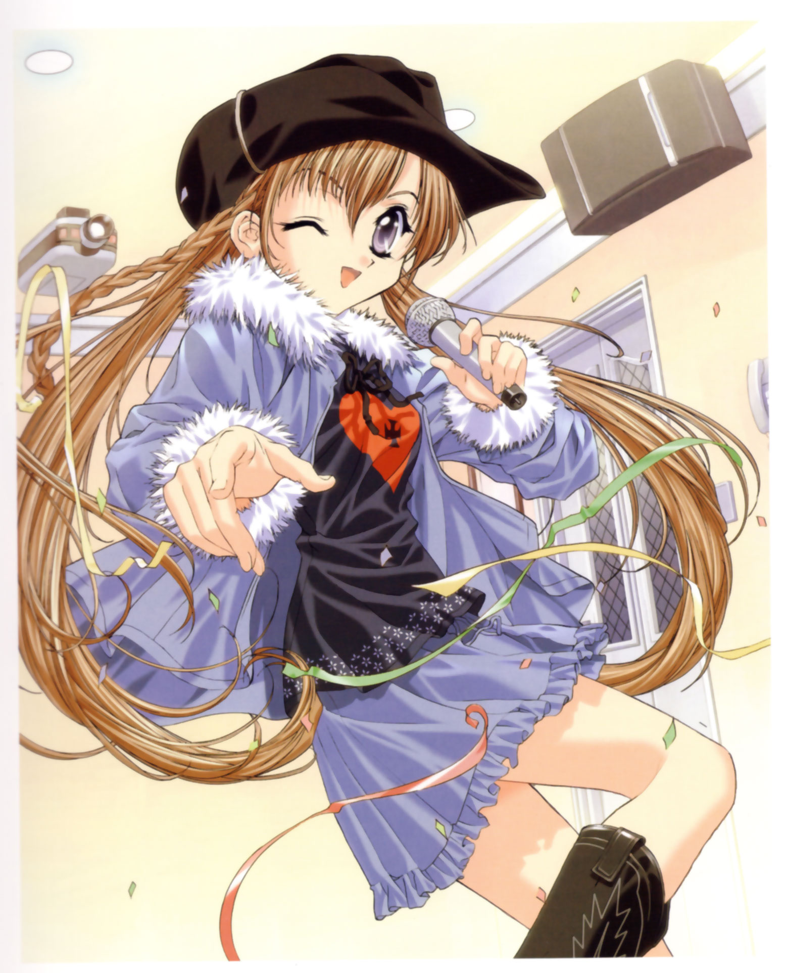 tenhiro naoto, sakuya (sister princess), sister princess, highres, scan, 00s, 1girl, ;d, boots, braid, brown hair, confetti, female focus, frilled skirt, frills, fur trim, hat, heart, heart print, holding, holding microphone, indoors, jacket, long hair, long sleeves, looking at viewer, microphone, one eye closed, open mouth, pointing, pointing at viewer, purple eyes, skirt, smile, solo, twintails, wink