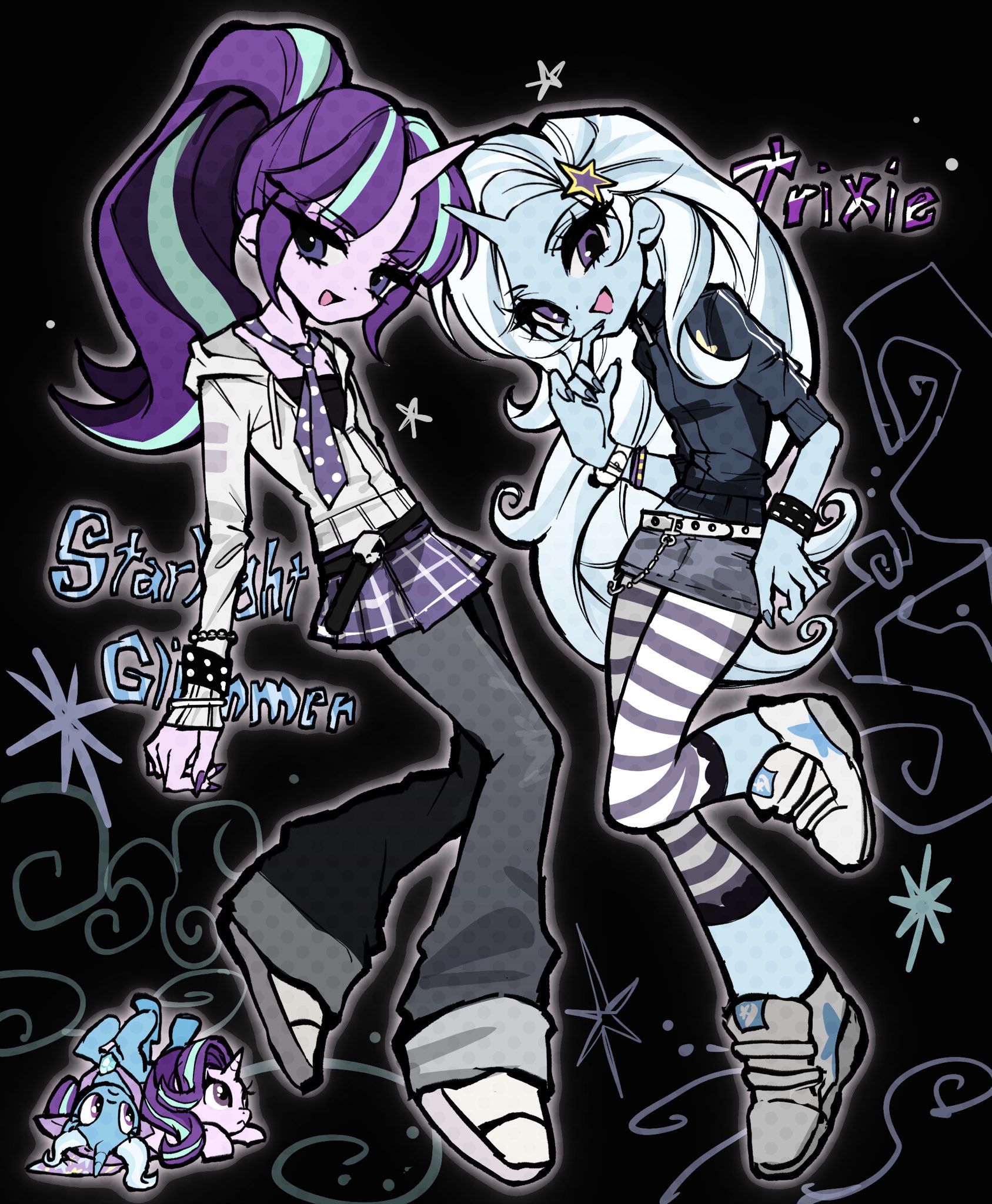 starlight glimmer, starlight glimmer (equestria girls), trixie lulamoon, trixie lulamoon (equestria girls), my little pony, my little pony: equestria girls, my little pony: friendship is magic, commentary request, highres, korean commentary, 2girls, :d, aqua hair, baggy pants, belt, black background, black belt, black jacket, black shirt, blue hair, blue nails, blue skin, bracelet, breasts, character name, colored skin, curly hair, denim, denim skirt, dot nose, finger to own chin, full body, grey pants, grey skirt, hair ornament, halftone, hand on own hip, hand up, head tilt, high ponytail, hood, hood down, hooded jacket, horns, jacket, jewelry, leggings, long hair, long sleeves, miniskirt, multicolored hair, multiple girls, nail polish, necktie, o-ring, o-ring belt, open mouth, outline, pants, partially unzipped, plaid clothes, plaid skirt, pleated skirt, polka dot necktie, ponytail, purple eyes, purple hair, purple leggings, purple nails, purple necktie, shirt, shoes, short-sleeved jacket, short sleeves, simple background, single horn, skirt, sleeves past wrists, small breasts, smile, sneakers, standing, standing on one leg, star (symbol), star hair ornament, star print, star symbol background, streaked hair, striped leggings, studded belt, studded bracelet, tgyten, tongue, track jacket, tsurime, turtleneck, turtleneck jacket, two-tone hair, two-tone leggings, two-tone necktie, unicorn, unicorn girl, unicorn horn, very long hair, white belt, white hair, white jacket, white leggings, white necktie, white outline, white shoes
