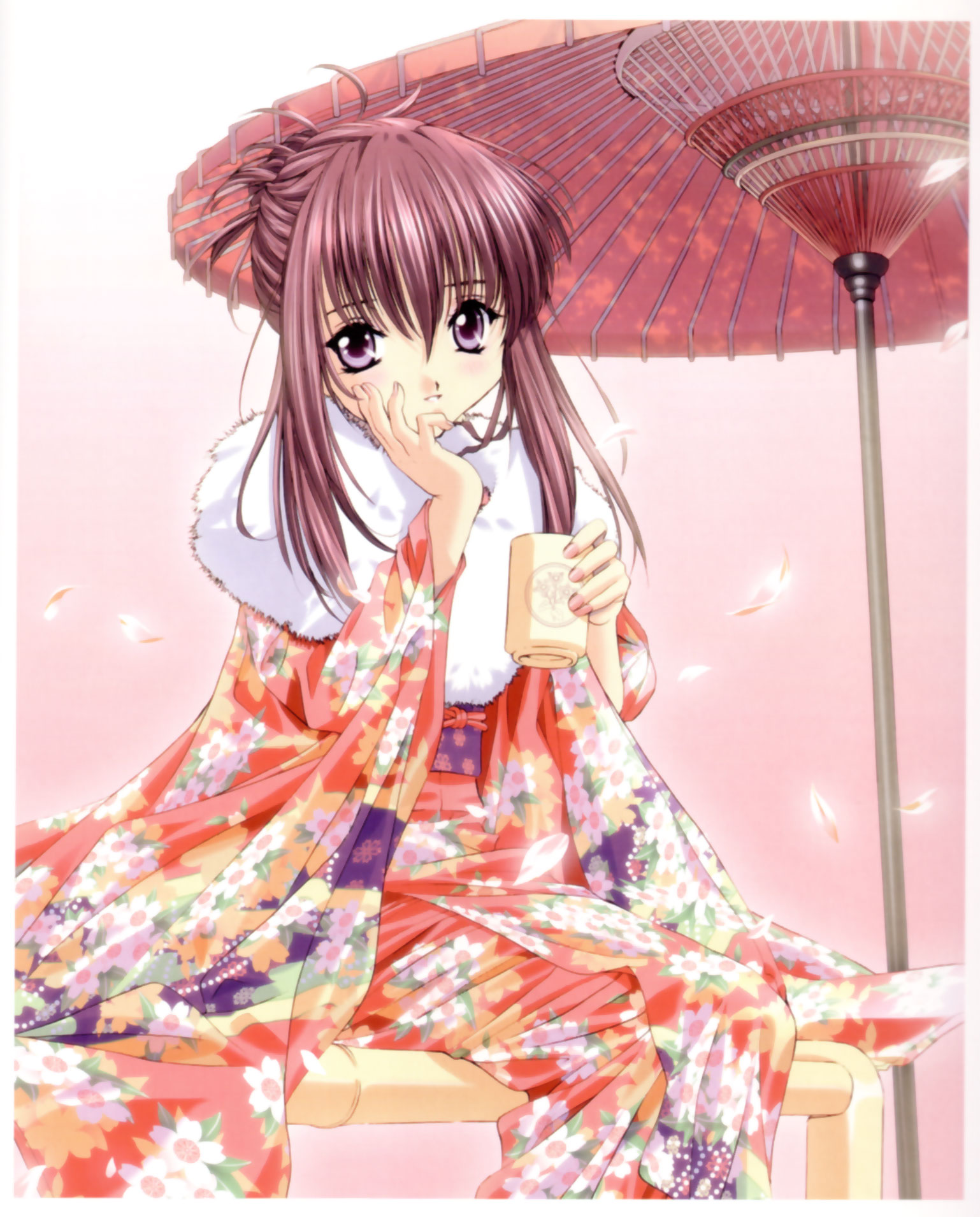 chikage (sister princess), sister princess, highres, 00s, 1girl, cup, female focus, floral print, head rest, japanese clothes, kimono, nail polish, oil-paper umbrella, parasol, petals, pink nails, purple eyes, purple hair, sitting, smile, solo, umbrella