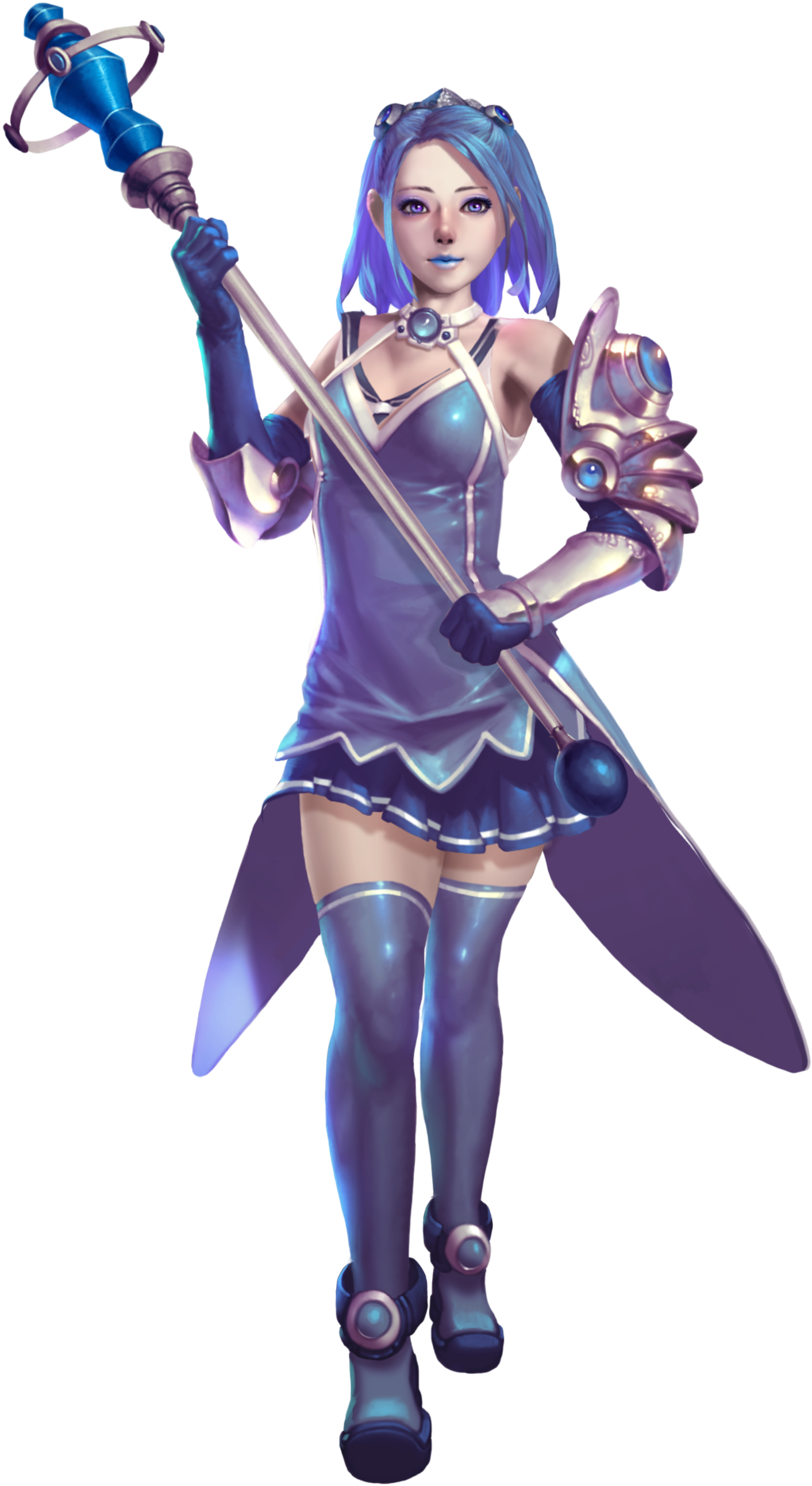 crystal maiden (series), absurdres, artist request, game cg, highres, official art, variant set, 1girl, armor, armpits, bare shoulders, blue dress, blue eyes, blue hair, blue lips, breasts, coral (crystal maidens), detached sleeves, dress, full body, holding, holding staff, pantyhose, school uniform, serafuku, short hair, skirt, solo, staff, transparent background
