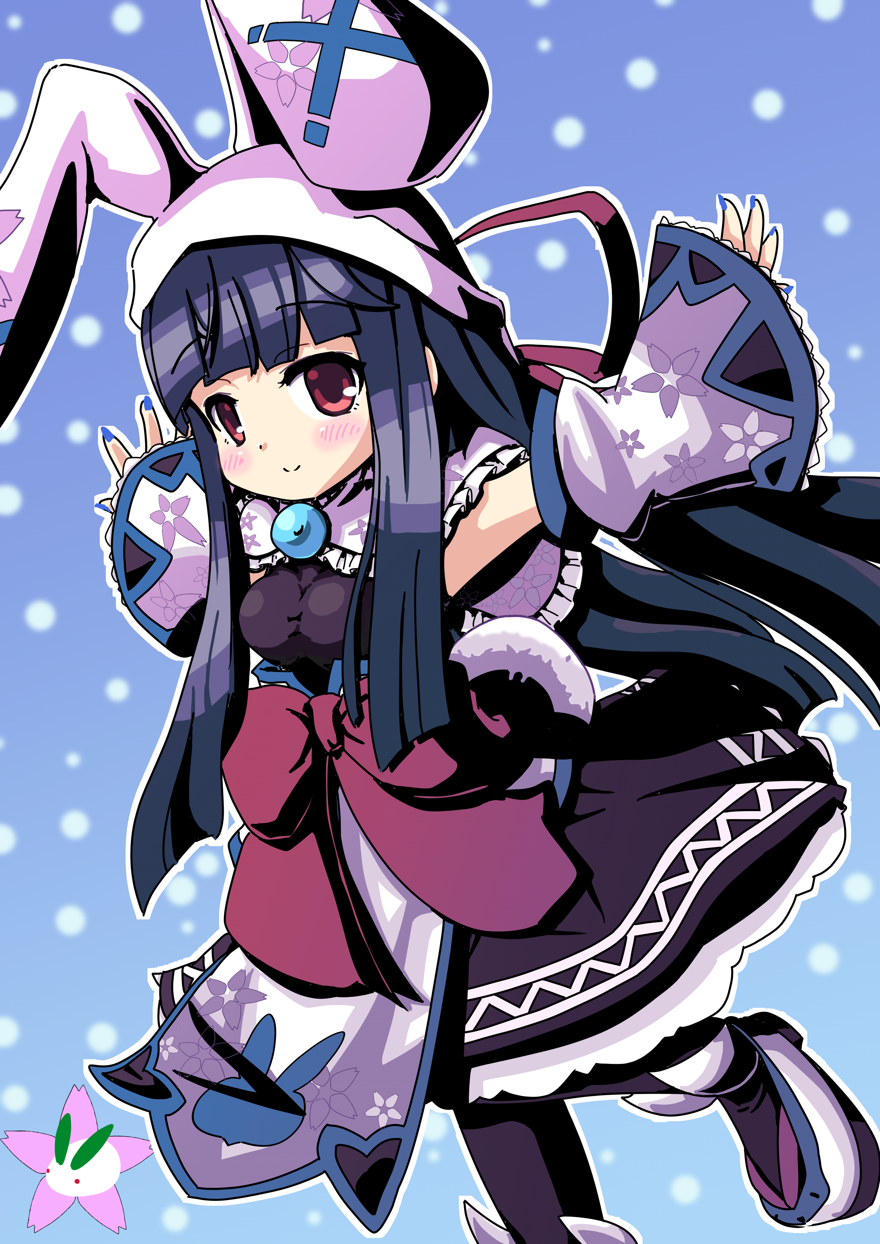 mitama mikoto, emil chronicle online, absurdres, highres, 1girl, black hair, black skirt, black thighhighs, capelet, detached sleeves, frilled capelet, frills, frolyflow2, hair ribbon, hime cut, light smile, long hair, rabbit ear headwear, red eyes, red ribbon, ribbon, skirt, sleeveless, sleeveless turtleneck, solo, thighhighs, turtleneck, white capelet, wide sleeves