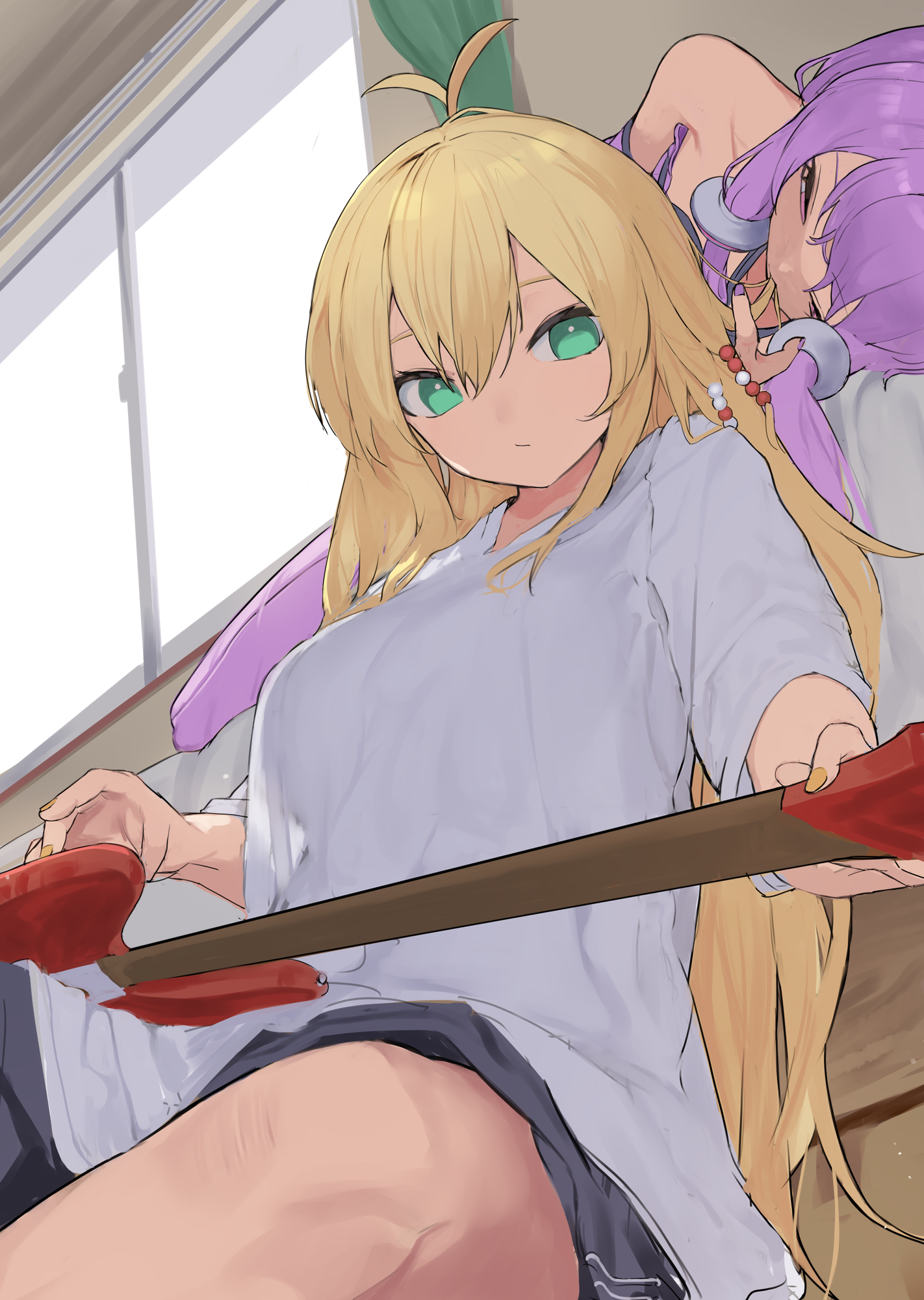 pocche-ex, tsurumaki maki, yuzuki yukari, voiceroid, highres, 2girls, antenna hair, blonde hair, breasts, eating hair, electric guitar, green eyes, guitar, instrument, large breasts, long hair, lying, multiple girls, on side, purple eyes, purple hair, sitting, yuri