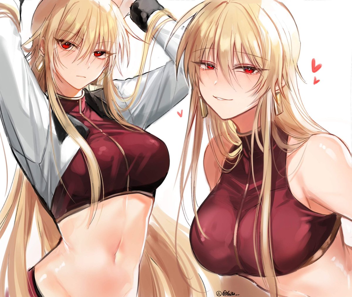 rijjin, gilgamesh (fate), fate/grand order, fate (series), non-web source, 1girl, bare shoulders, blonde hair, breasts, earrings, genderswap, hands up, heart, jewelry, long hair, medium breasts, red eyes, smile