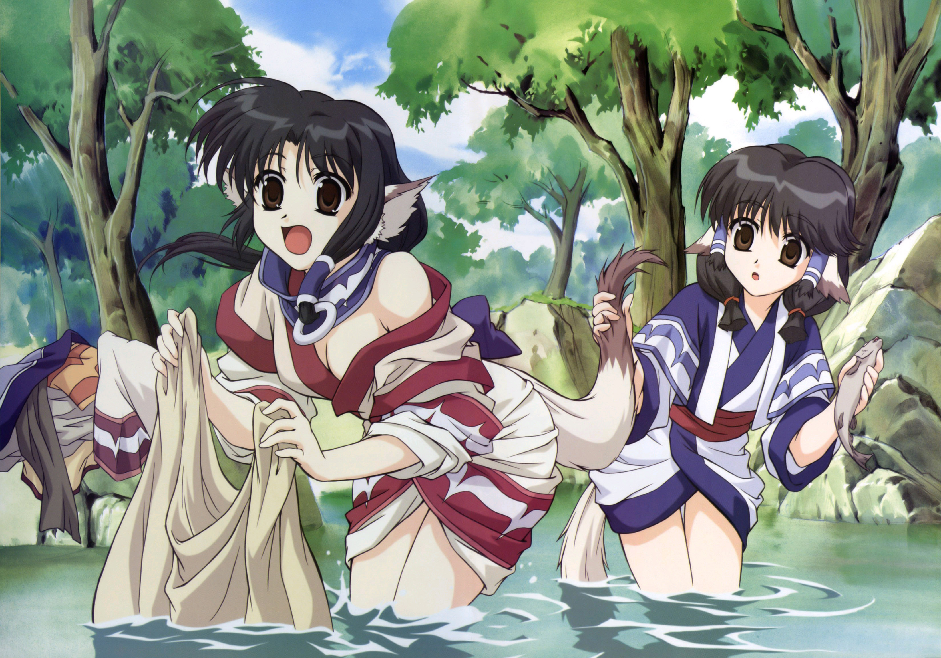 aruruu, eruruu, utawarerumono, absurdres, highres, tagme, 00s, 2girls, animal ears, fish, in water, multiple girls, outdoors, surprised, tail, tail grab
