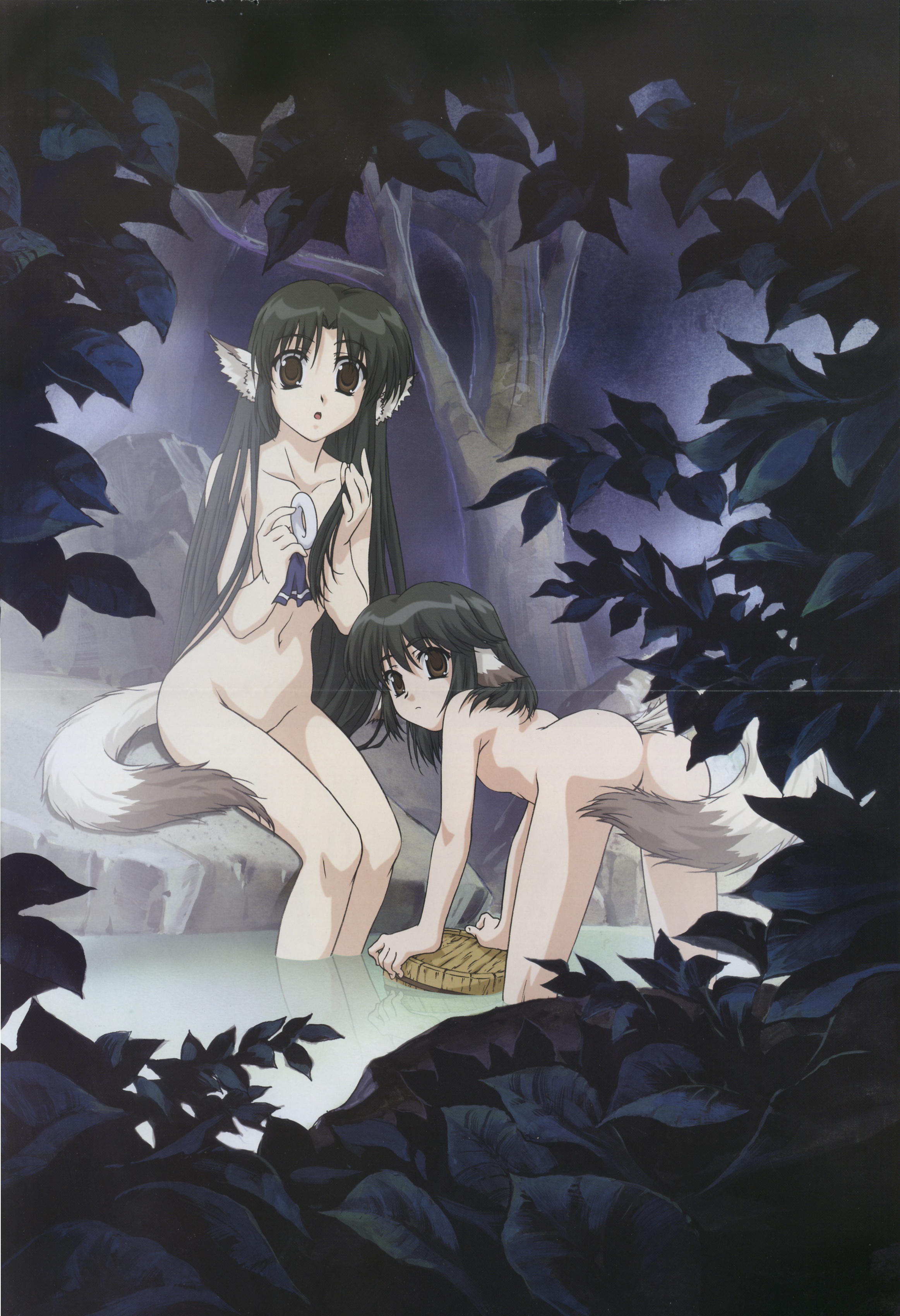 aruruu, eruruu, utawarerumono, absurdres, highres, 00s, 2girls, all fours, ass, bent over, brown eyes, censored, convenient censoring, leaf, loli, long hair, looking at viewer, multiple girls, navel, nude, onsen, tail
