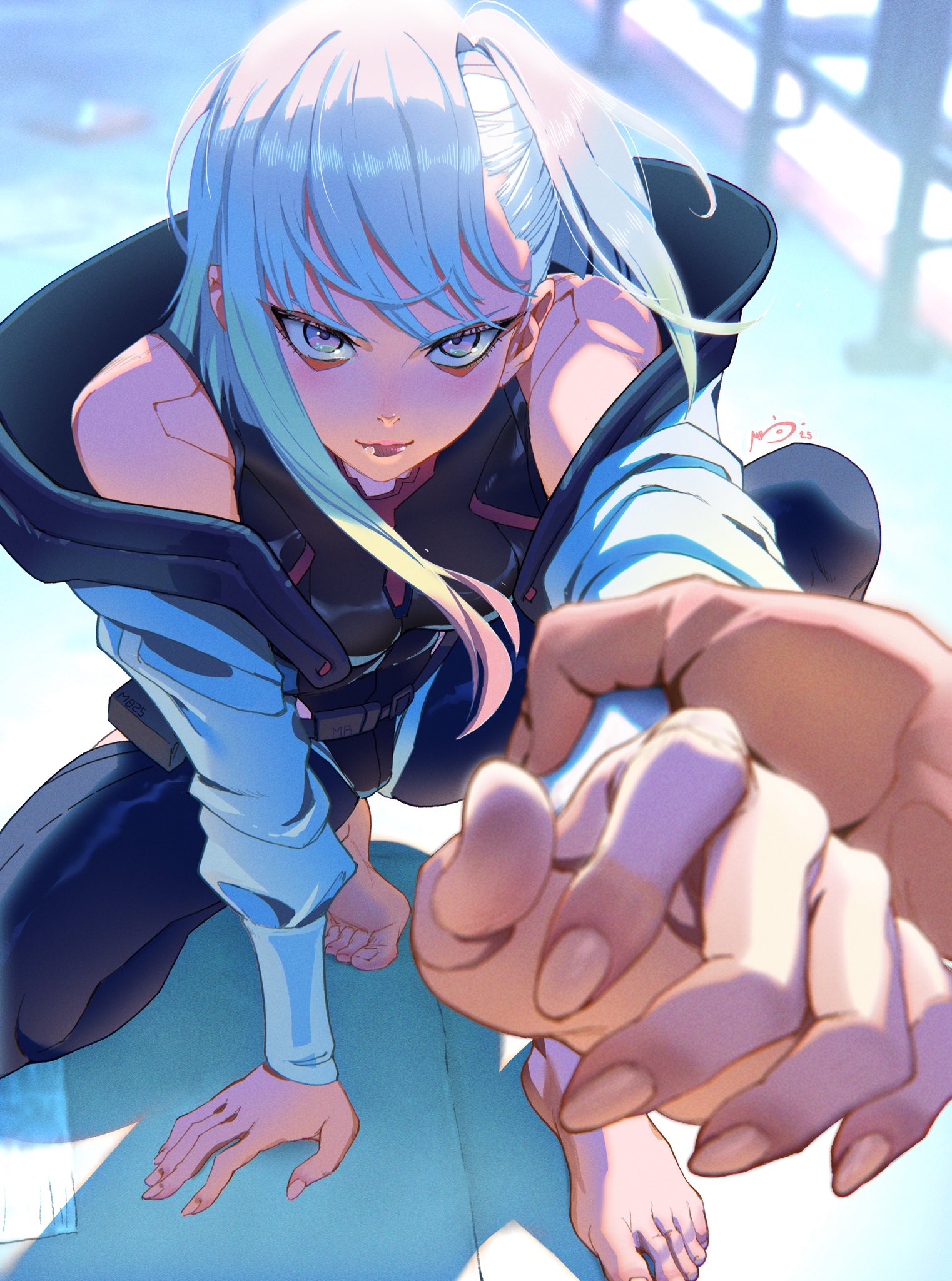 marc brunet, lucy (cyberpunk), cyberpunk: edgerunners, cyberpunk (series), highres, making-of available, 1girl, 1other, asymmetrical hair, bare shoulders, barefoot, belt, blue leggings, blurry, blurry background, breasts, eyelashes, feet, foreshortening, full body, gradient hair, grey hair, holding another's wrist, jacket, knee up, leggings, lips, long sleeves, looking at viewer, medium breasts, multicolored hair, open clothes, open jacket, outdoors, pink hair, pov, purple eyes, shadow, signature, squatting, toenails, toes, v-shaped eyebrows