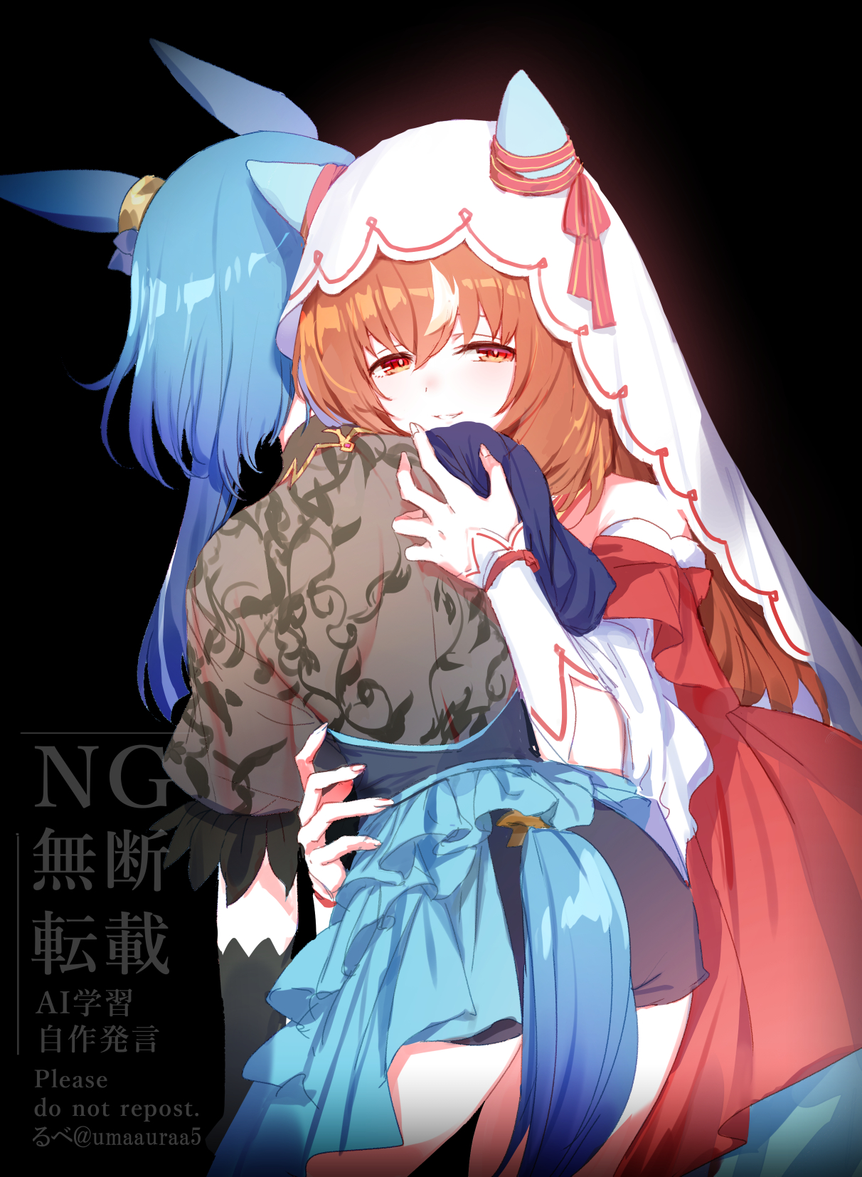 romi (346 ura), still in love (umamusume), umamusume, highres, 2girls, admire groove (umamusume), animal ears, bare shoulders, black background, black shirt, black shorts, blue hair, brown hair, clothing cutout, detached sleeves, dress, ear covers, horse ears, horse girl, horse tail, hug, long hair, looking at viewer, multiple girls, parted lips, red dress, red eyes, see-through clothes, see-through shirt, shirt, shorts, smile, tail, tail through clothes, twitter username, veil, watermark