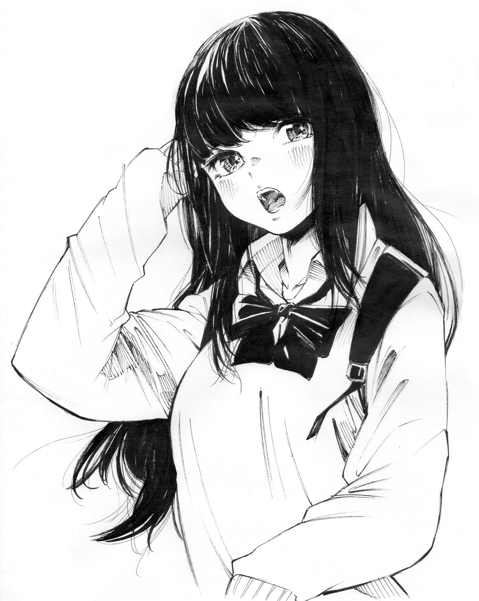 gagaimo, original, highres, 1girl, backpack, bag, blush, bow, bowtie, greyscale, long hair, looking at viewer, monochrome, open mouth, solo, sweater, upper body