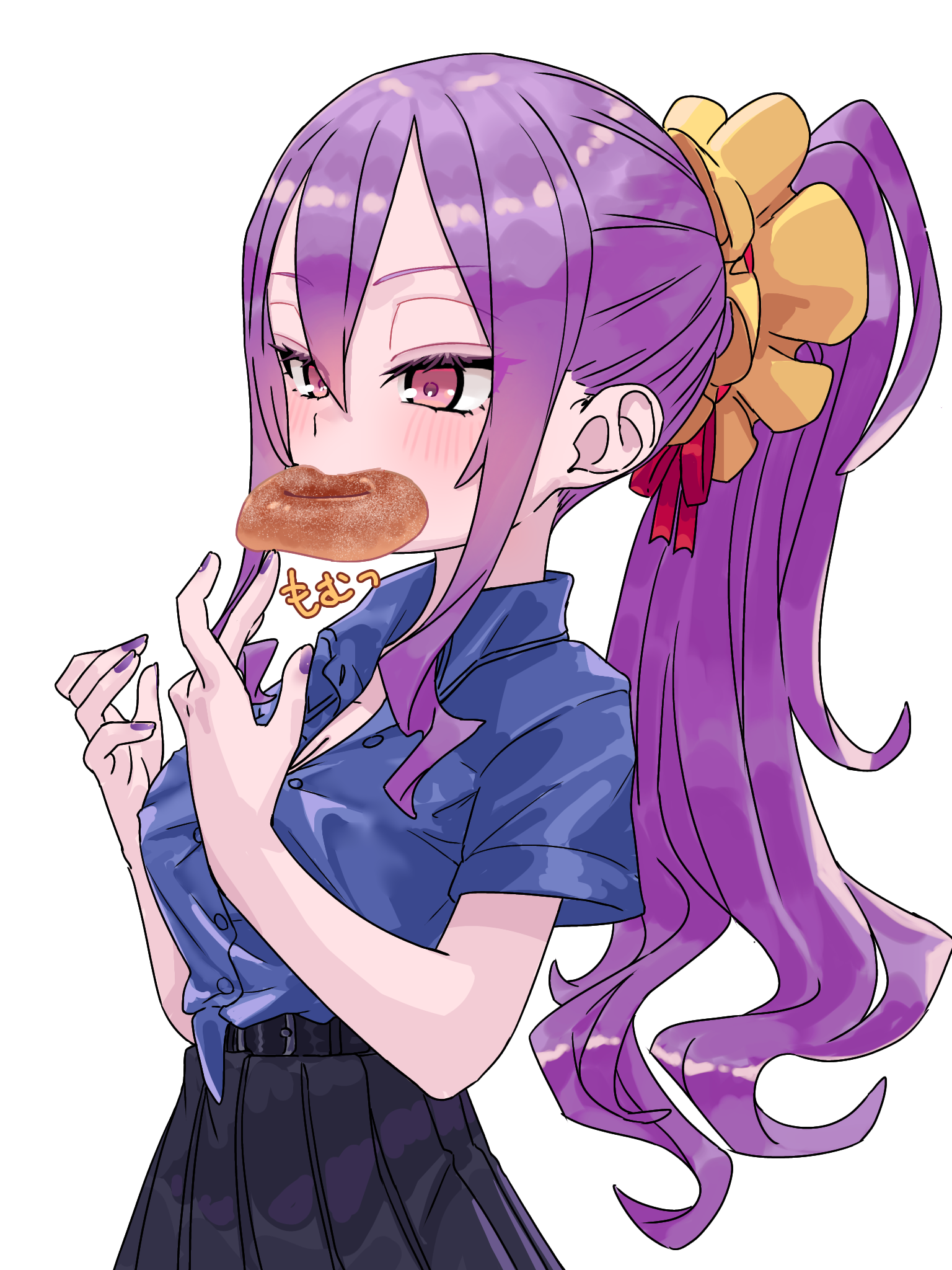 niwaikanai, wu zetian (fate), wu zetian (swimsuit caster) (fate), fate/grand order, fate (series), highres, 1girl, black skirt, blue shirt, breasts, cleavage, collared shirt, donut, food, hair between eyes, hair ornament, hair scrunchie, large breasts, long hair, mouth hold, ponytail, purple eyes, purple hair, scrunchie, shirt, short sleeves, sidelocks, skirt, solo