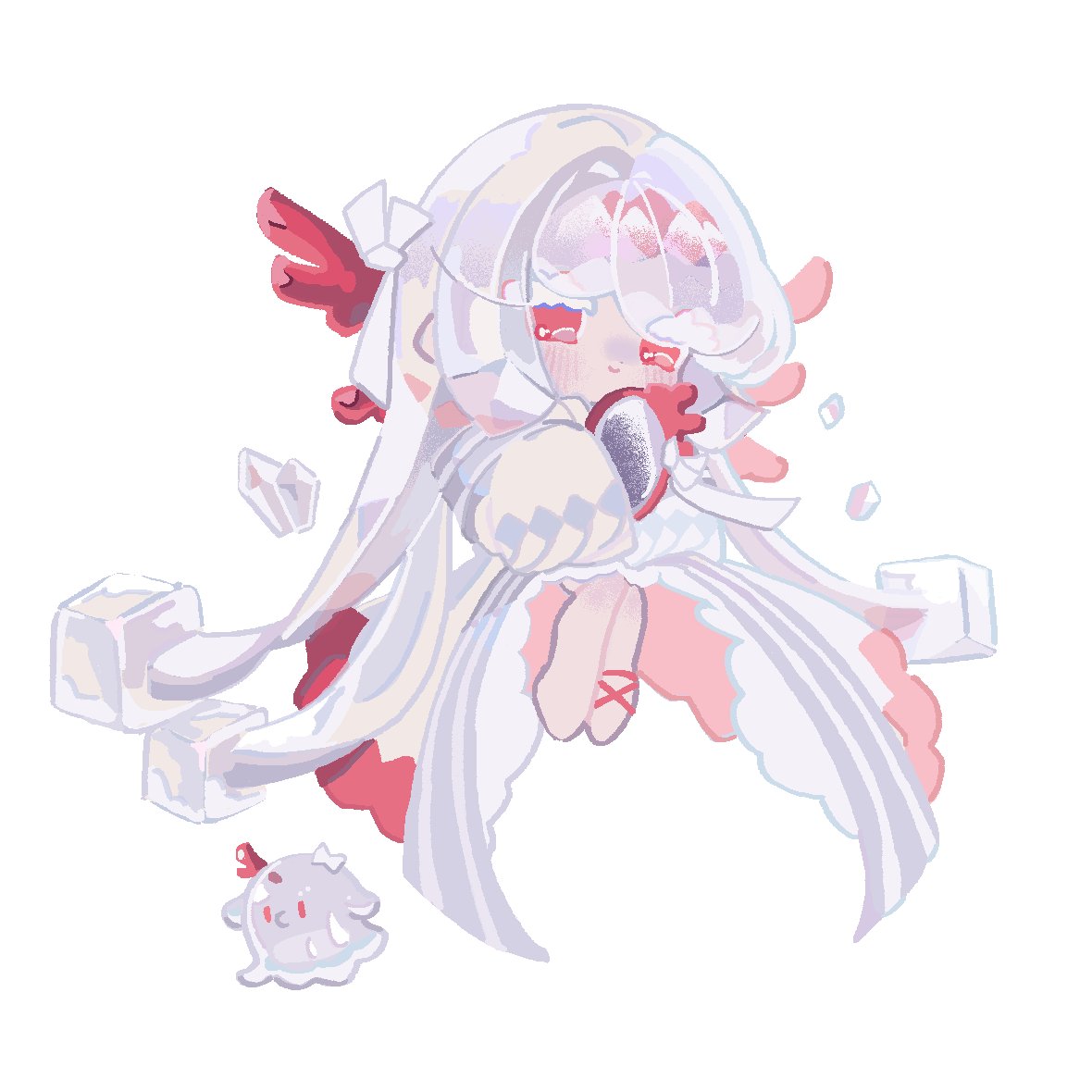 reed, cookie run, cookie run: kingdom, commentary, symbol-only commentary, 1girl, absurdly long hair, agar agar cookie, anklet, argyle clothes, barefoot, blush, colored eyelashes, coral hair ornament, dress, full body, holding, holding mirror, humanization, ice, ice cube, invisible chair, jewelry, long hair, long sleeves, looking ahead, mirror, no pupils, pale skin, red eyes, simple background, sitting, smile, solo, straight hair, very long hair, white background, white dress, white eyelashes, white hair, wide sleeves
