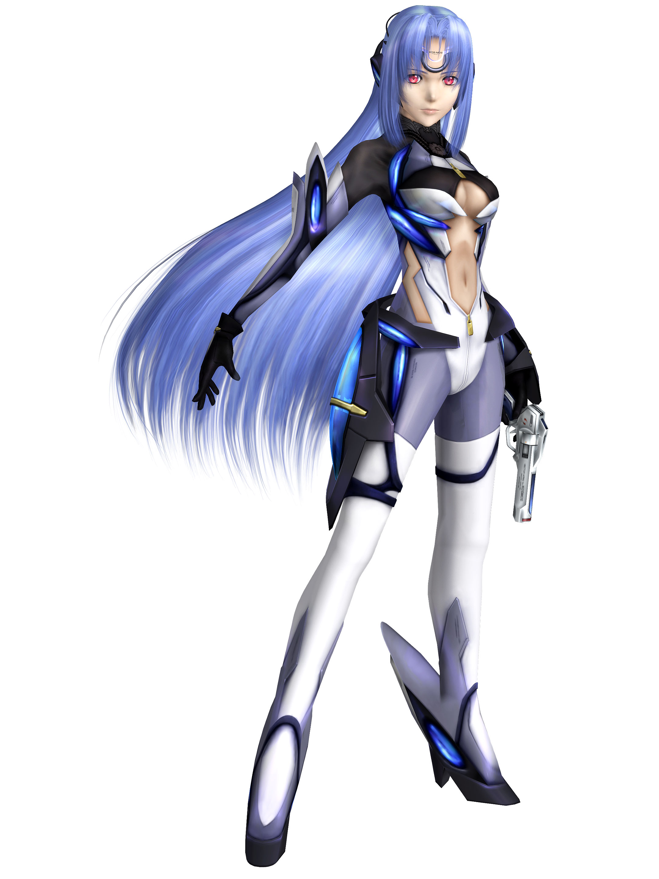 kos-mos, xenosaga, absurdres, highres, official art, tagme, 00s, 1girl, 3d, breasts, female focus, full body, navel, simple background, solo, standing, white background
