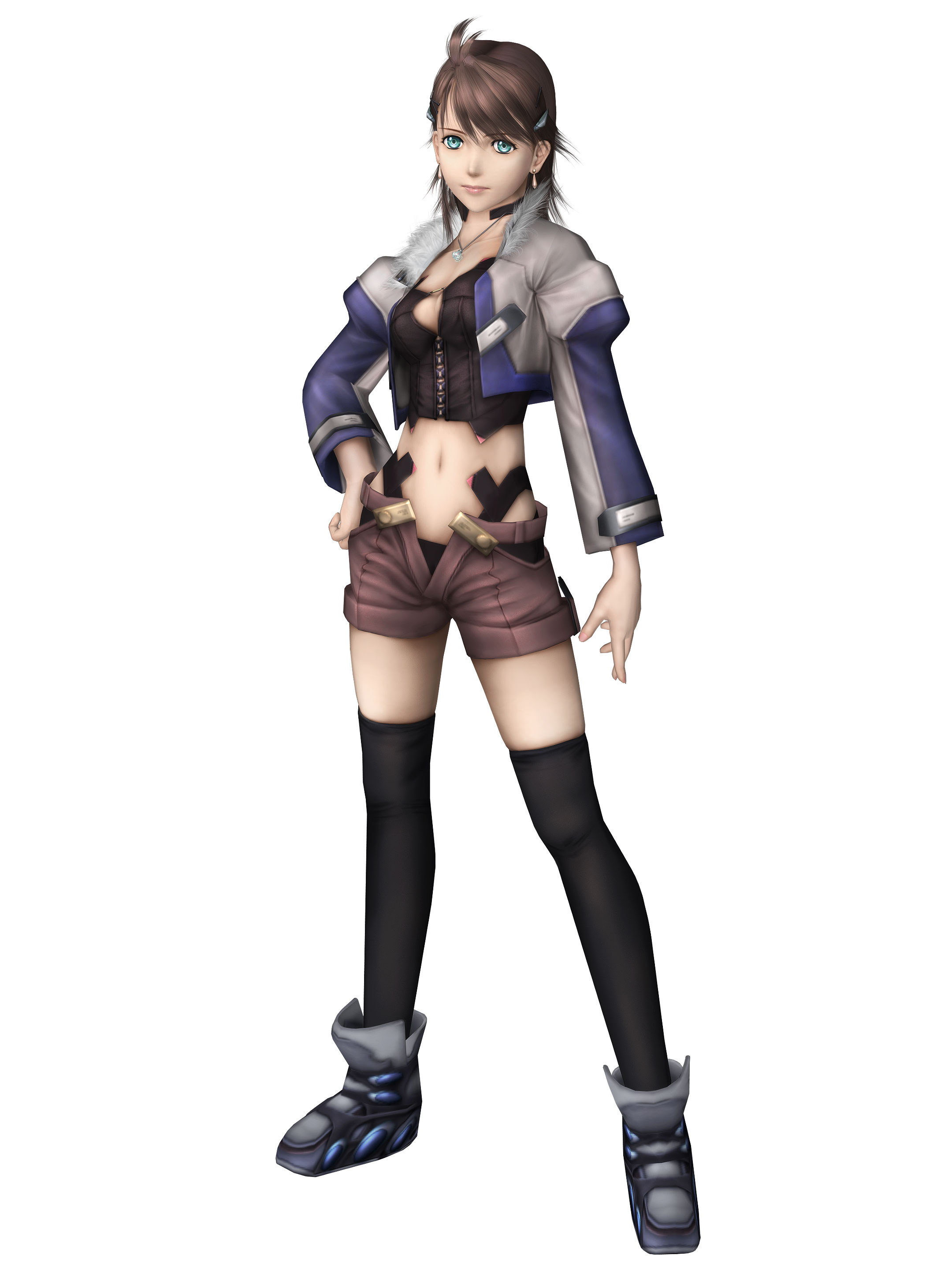 shion uzuki, xeno (series), xenosaga, xenosaga episode iii, absurdres, highres, official art, 00s, 1girl, aqua eyes, breasts, brown hair, cleavage, female focus, midriff, short hair, short shorts, shorts, solo, thighhighs