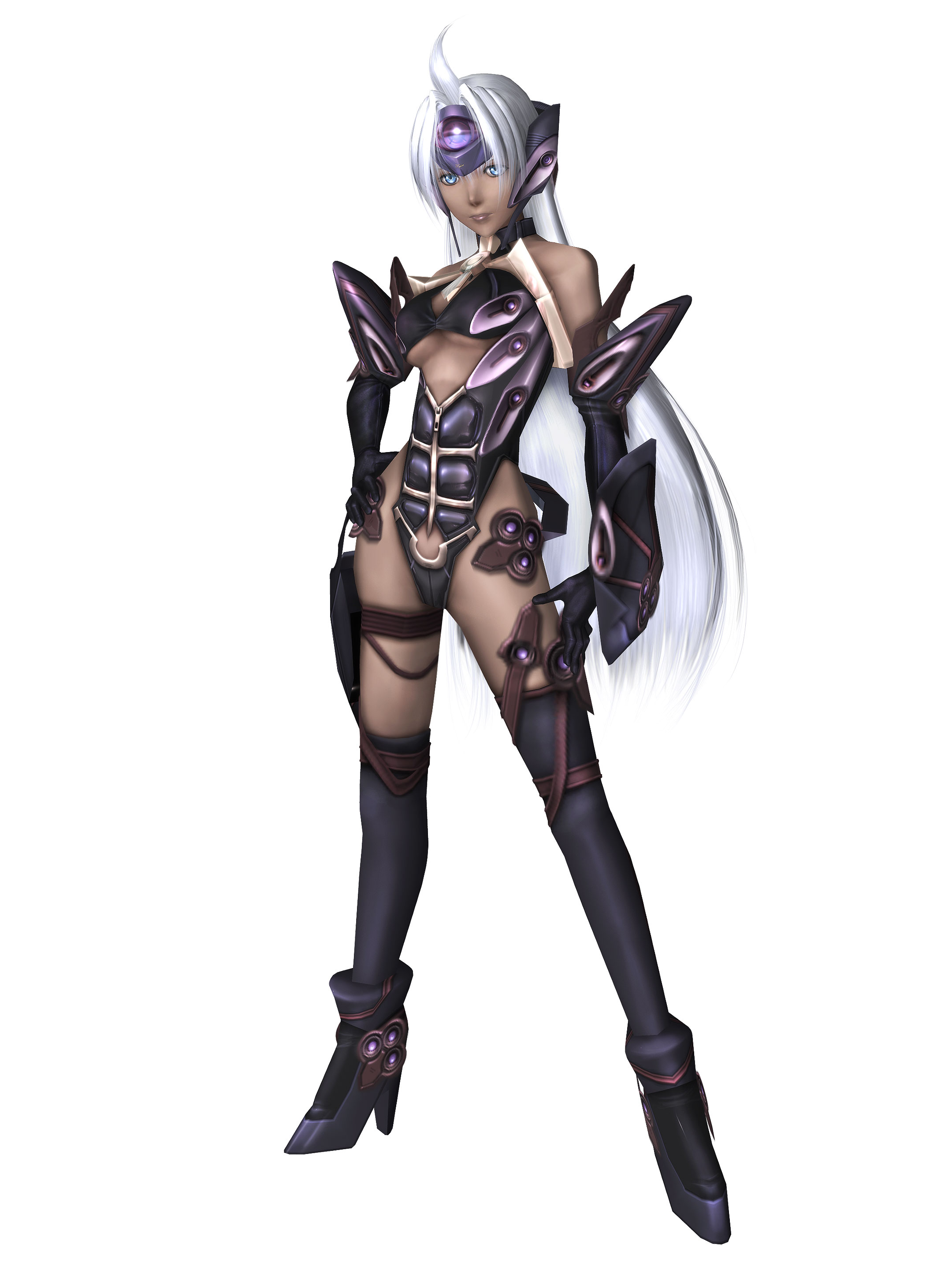 t-elos, xenosaga, xenosaga episode iii, absurdres, highres, official art, 00s, 1girl, 3d, blue eyes, breasts, cyborg, dark-skinned female, dark skin, detached sleeves, female focus, hat, long hair, simple background, solo, thigh strap, thighhighs, underboob, white hair