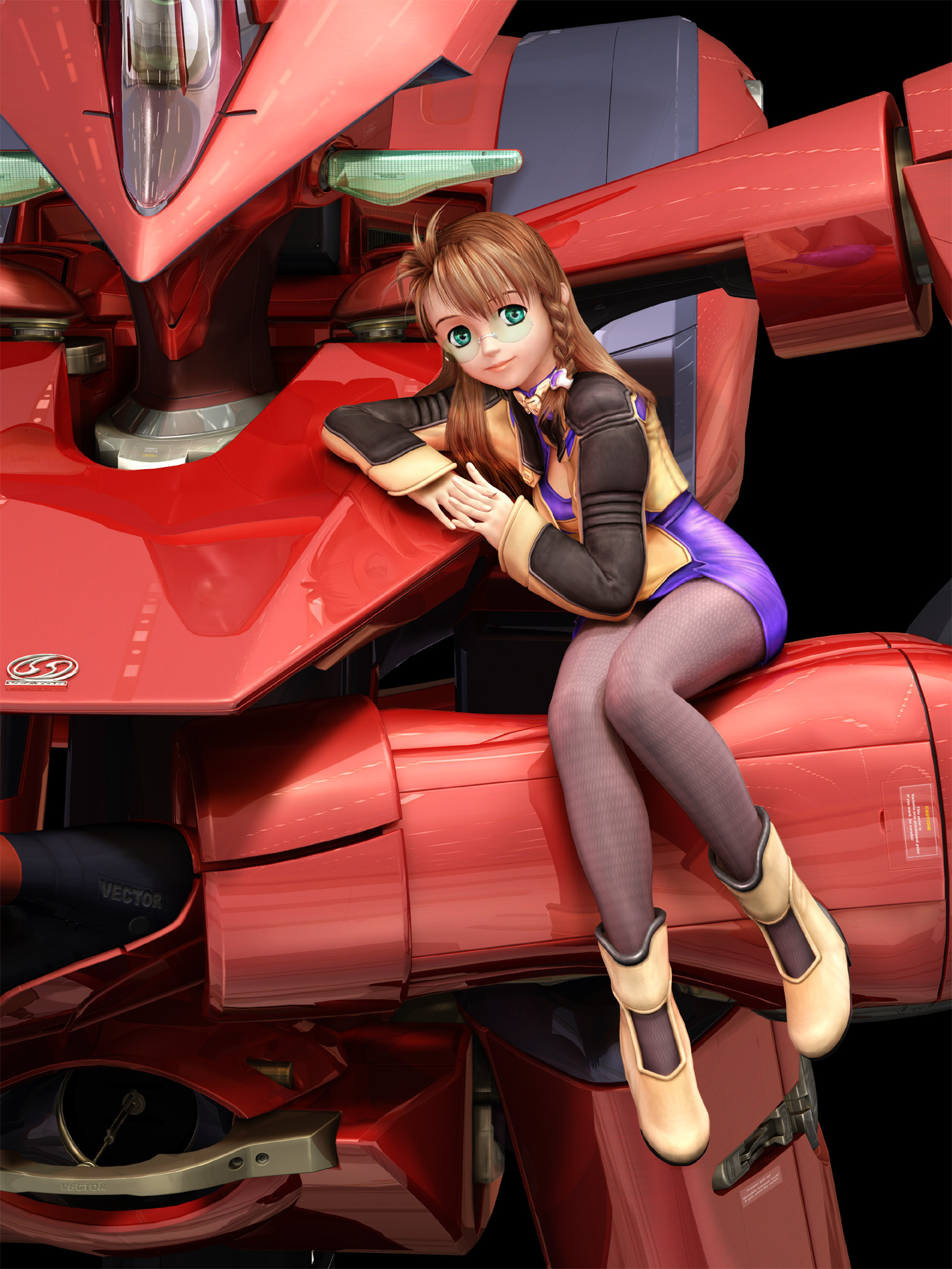shion uzuki, xeno (series), xenosaga, highres, 00s, 1girl, 3d, antenna hair, aqua eyes, boots, braid, breasts, brown hair, cleavage, cleavage cutout, clothing cutout, dress, female focus, game, glasses, green eyes, jacket, leaning, lipstick, long hair, makeup, mecha, on mecha, own hands clasped, own hands together, pantyhose, reflection, robot, short dress, side braid, sitting, small breasts, smile, solo, turtleneck