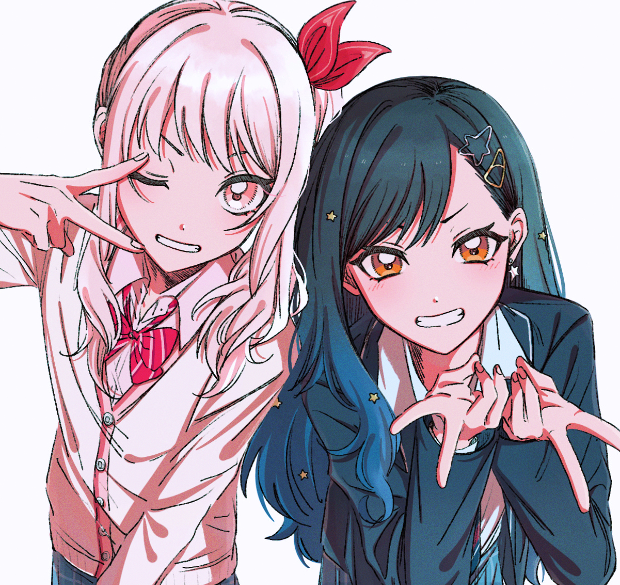 llli illli illl, akiyama mizuki, shiraishi an, project sekai, commentary, 1girl, 1other, androgynous, black hair, blazer, blue hair, bow, buttons, cardigan, collared shirt, diagonal-striped bow, double v, earrings, fingernails, gradient hair, hair ornament, hairclip, hands up, jacket, jewelry, kamiyama high school uniform (project sekai), long hair, long sleeves, looking at viewer, multicolored hair, one eye closed, orange eyes, pink cardigan, pink eyes, pink hair, school uniform, shirt, sidelocks, simple background, smile, star (symbol), star earrings, striped bow, teeth, two-tone hair, v, white background