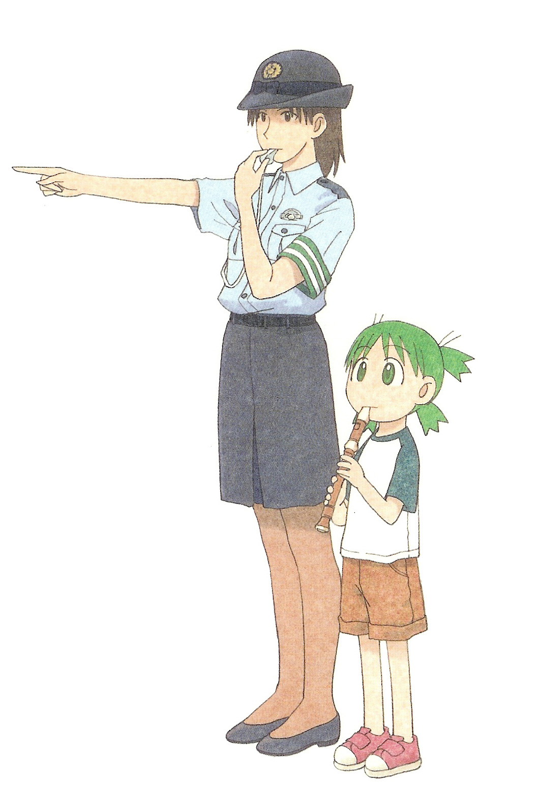 koiwai yotsuba, yotsubato!, artist request, character request, highres, official art, 2girls, age difference, brown hair, child, flute, green hair, hat, instrument, multiple girls, outdoors, pointing, police, police uniform, policewoman, raglan sleeves, recorder, shirt, shoes, short hair, short sleeves, shorts, simple background, size difference, skirt, sneakers, t-shirt, whistle, white background