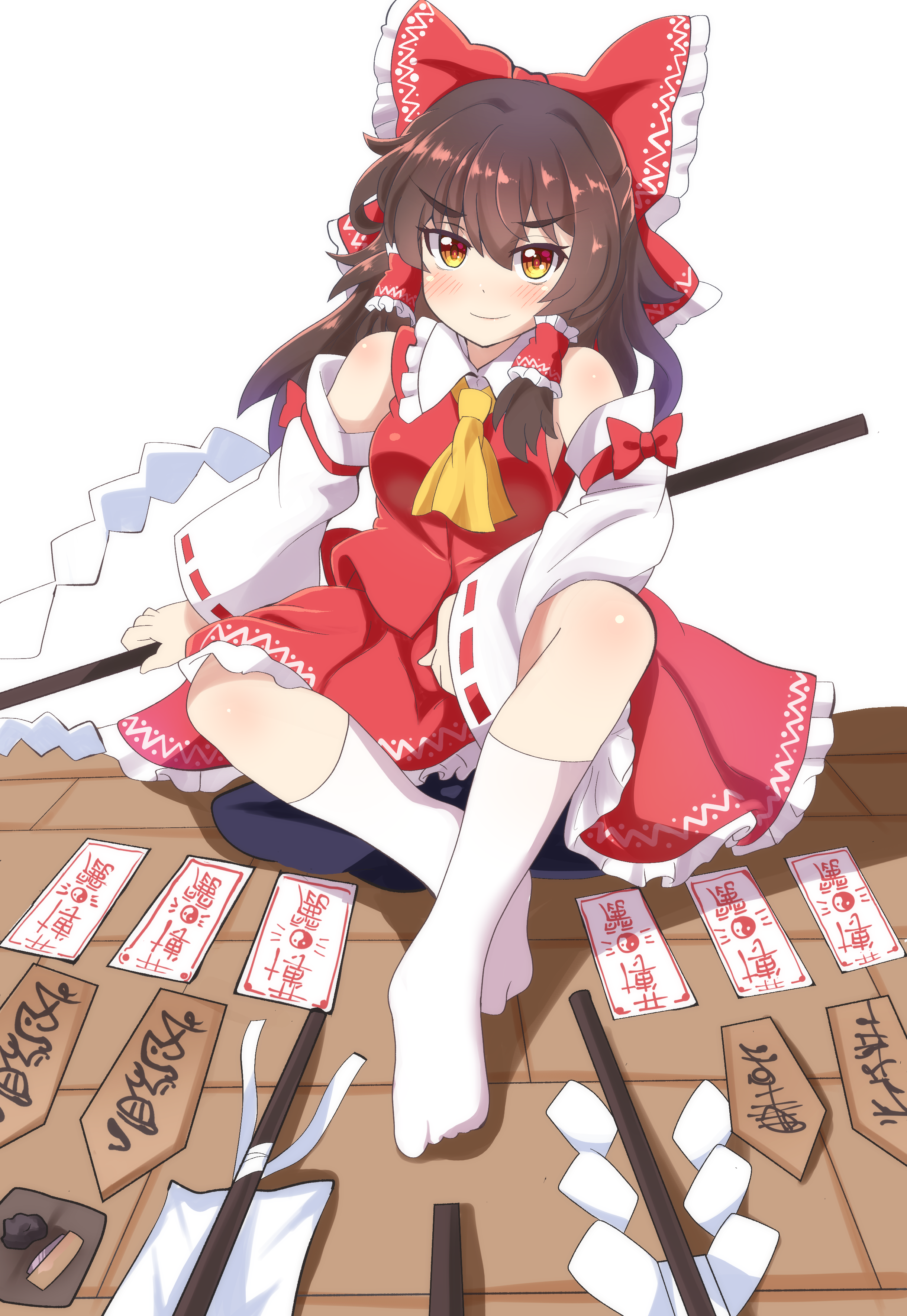 schinfaxi1996, hakurei reimu, touhou, absurdres, commentary request, highres, 1girl, ascot, blush, bow, brown hair, closed mouth, detached sleeves, frilled bow, frilled hair tubes, frilled skirt, frills, gohei, hair bow, hair tubes, holding, holding gohei, kneehighs, long hair, looking at viewer, ofuda, red bow, red skirt, ribbon-trimmed sleeves, ribbon trim, sitting, skirt, skirt set, smile, socks, solo, white socks, yellow ascot, yellow eyes, yin yang, yin yang print